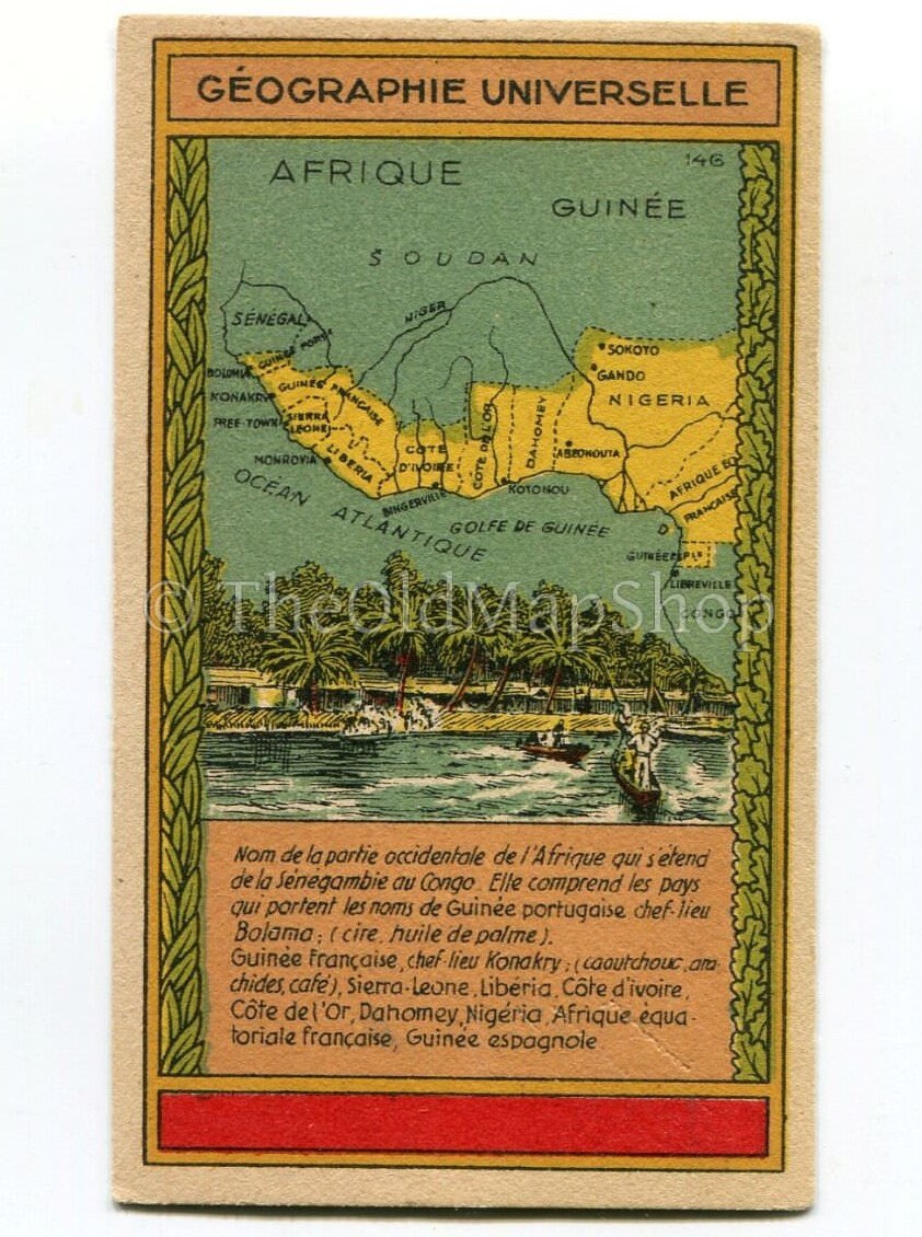 Guinea, Guinee, West Africa, Antique Map c.1920 - A scarce advertising card for La Belle Jardiniere, shopping center, Paris France