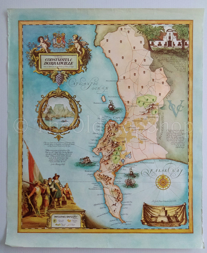 South Africa, Cape Town, Constantia & Durbanville Wine Region Vinyard Winery Map, 1973 Janice Ashby Pictorial Map, Poster, Robben Island
