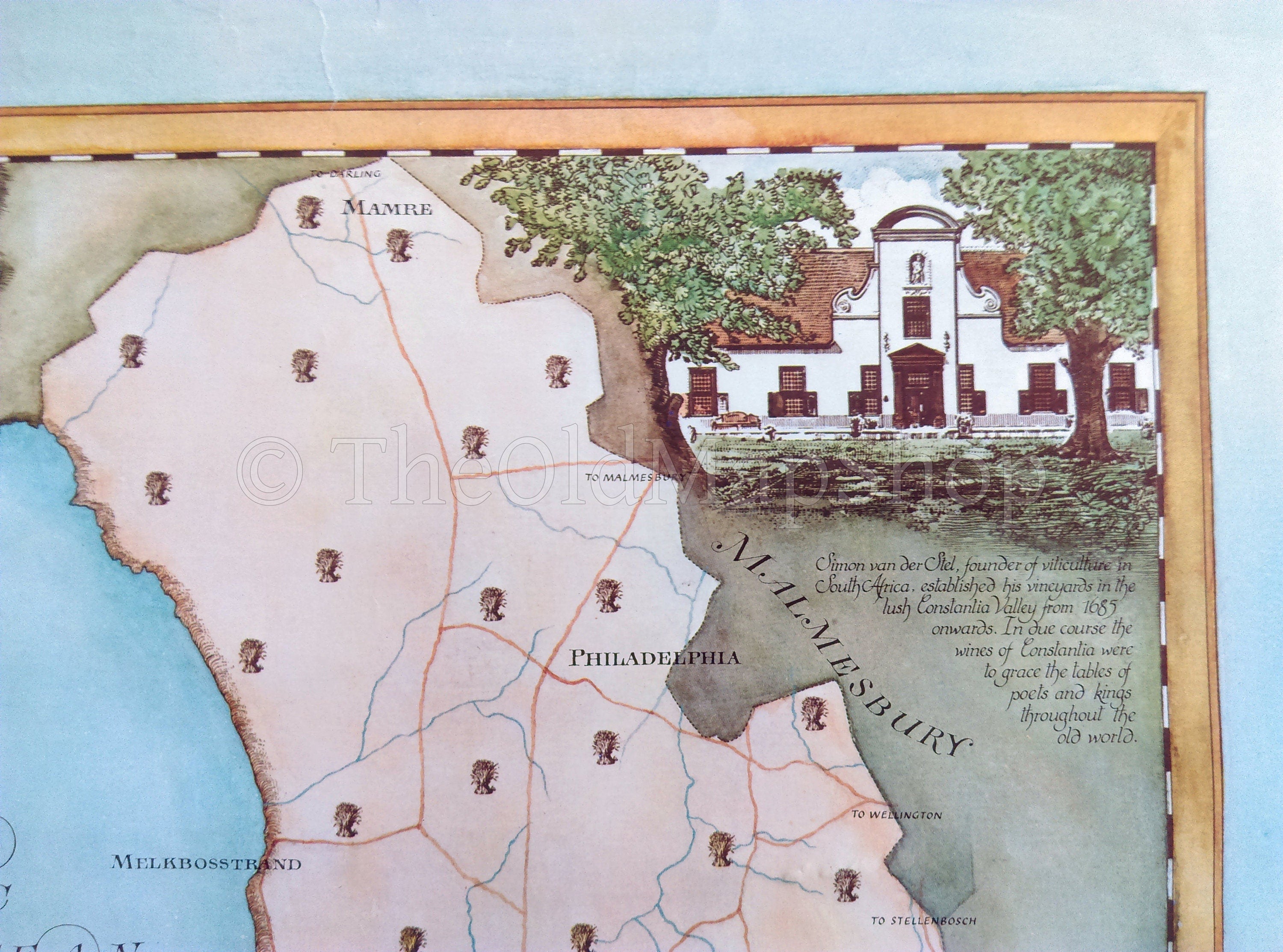 South Africa, Cape Town, Constantia & Durbanville Wine Region Vinyard Winery Map, 1973 Janice Ashby Pictorial Map, Poster, Robben Island