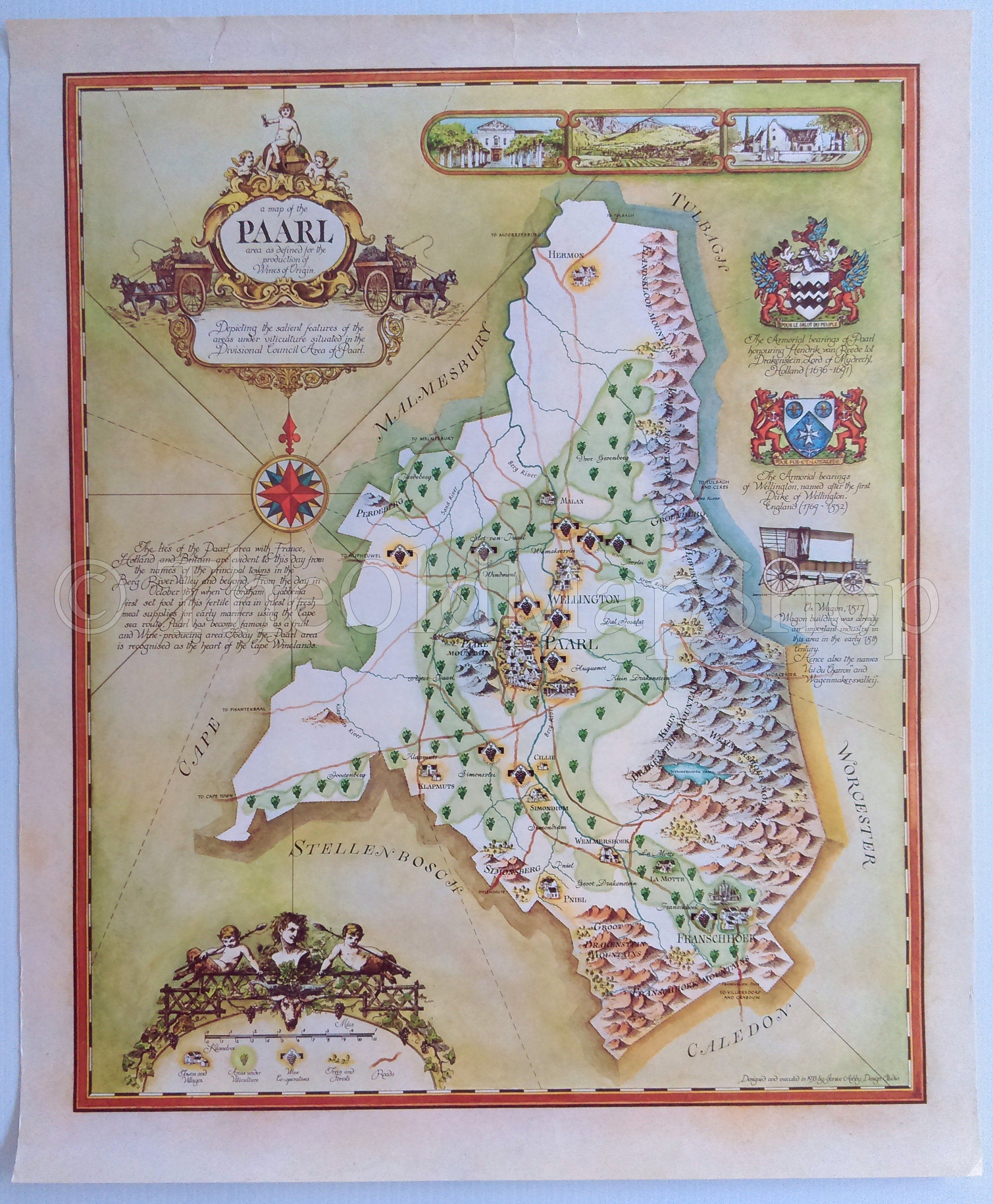 South Africa, Paarl Wine Region Vinyard Winery Map, 1973 Janice Ashby Pictorial Map, Poster