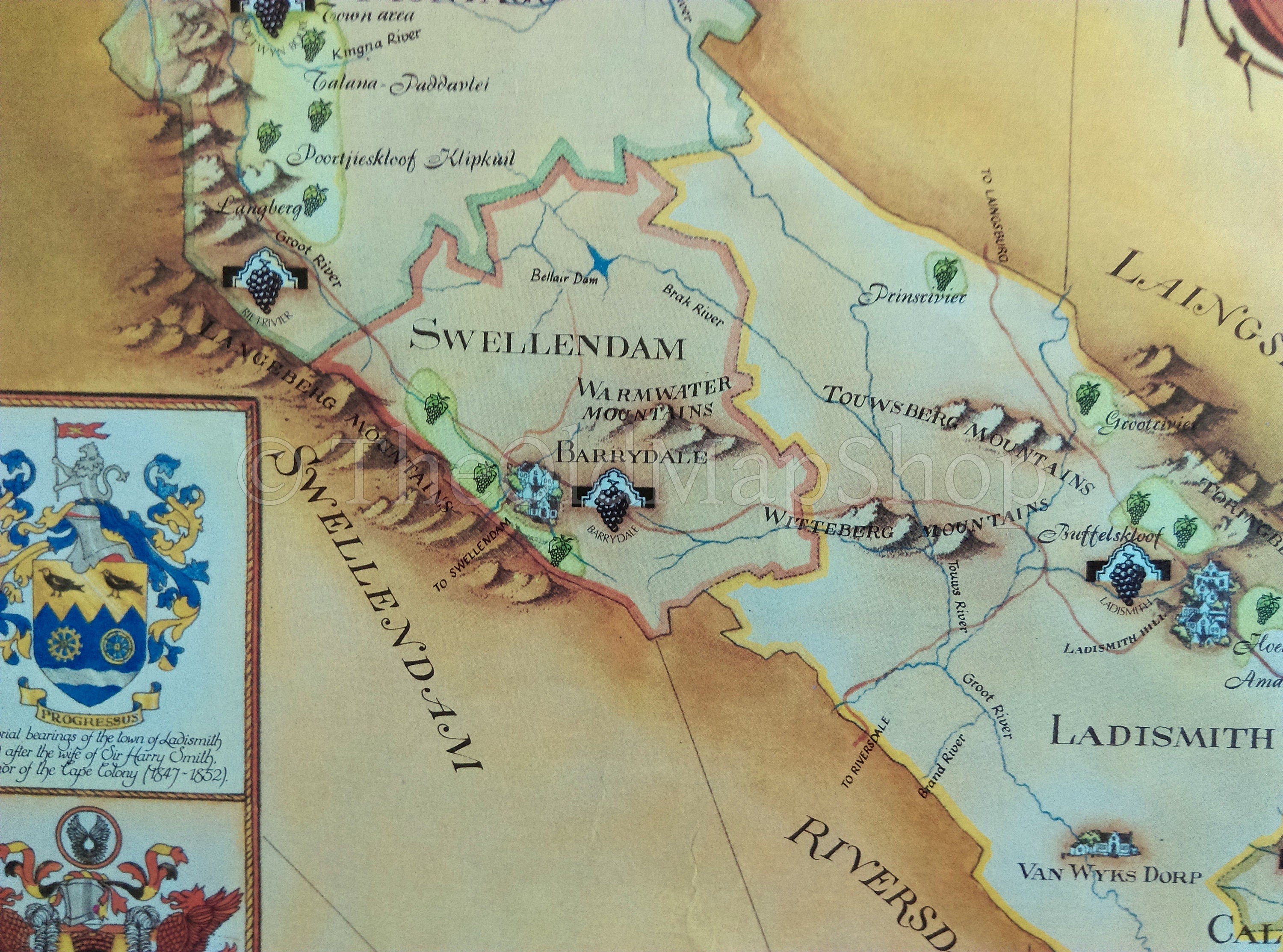 South Africa, Klein Karoo Wine Region Vinyard Winery Map, 1973 Janice Ashby Pictorial Map, Poster