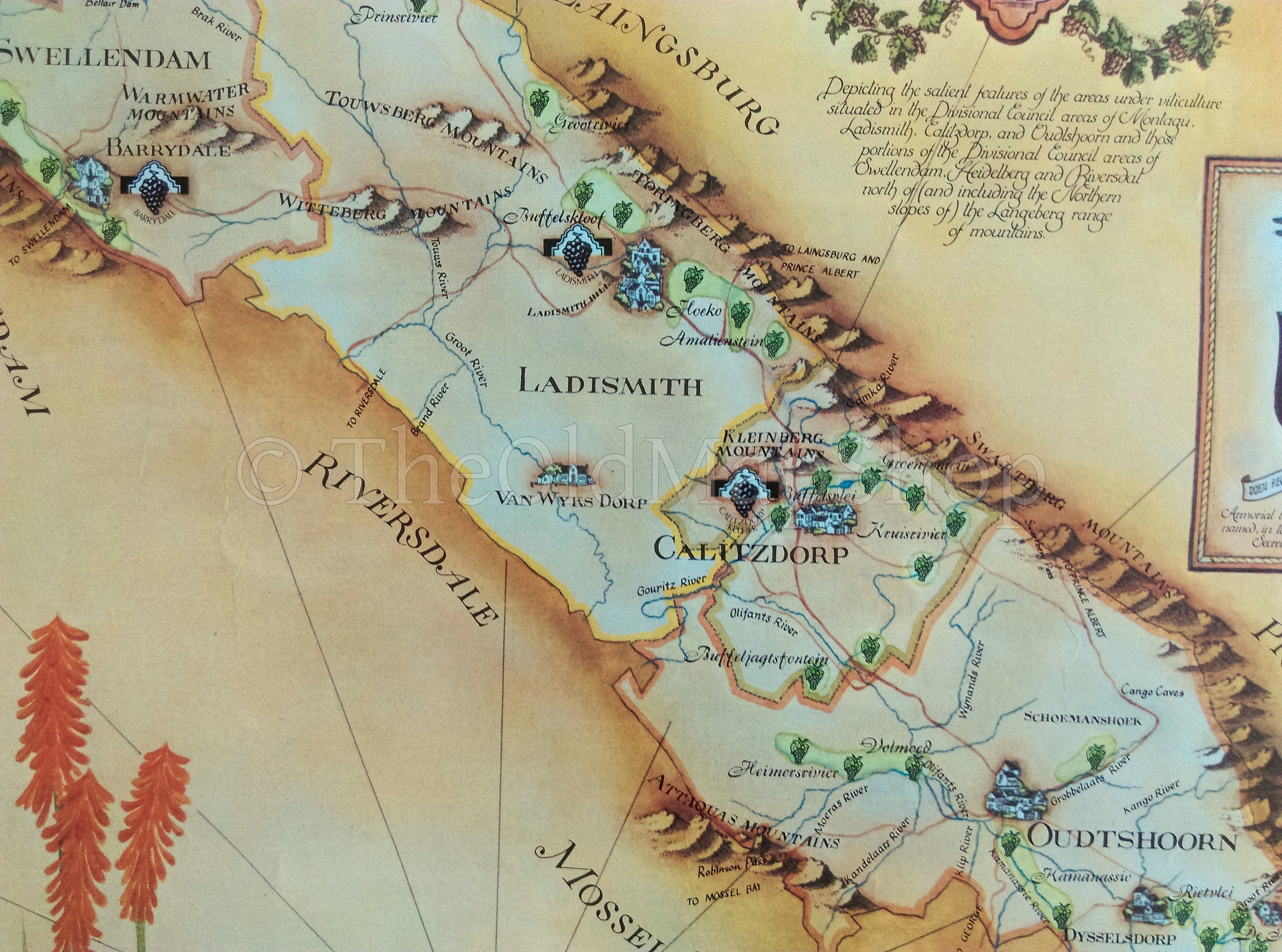 South Africa, Klein Karoo Wine Region Vinyard Winery Map, 1973 Janice Ashby Pictorial Map, Poster