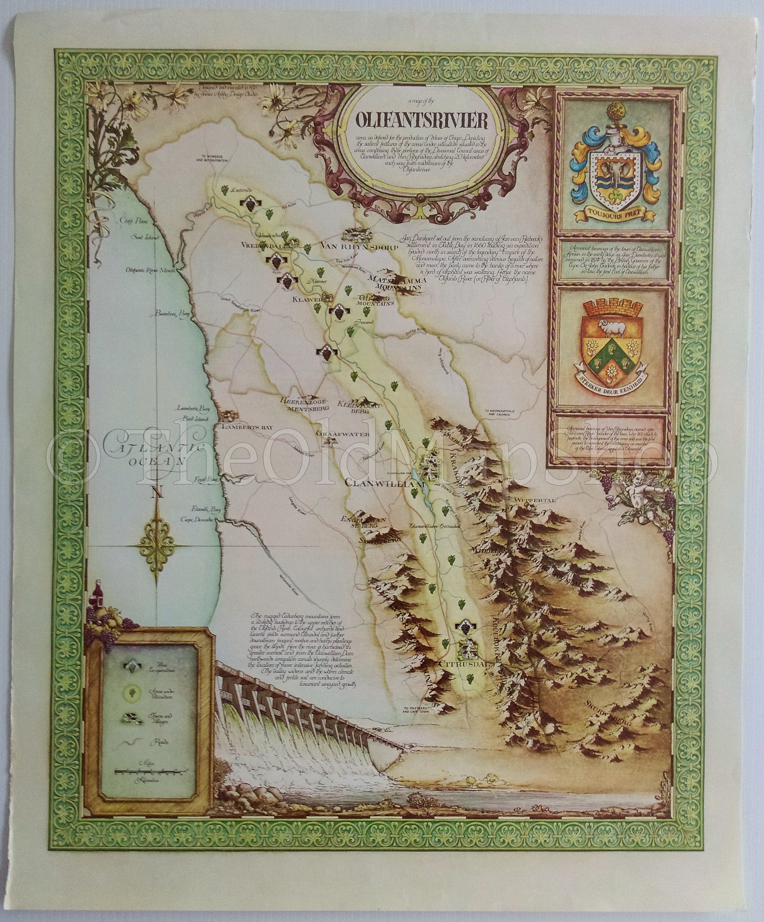 South Africa, Olifantsrivier, Olifants River, Wine Region Vinyard Winery Map, 1973 Janice Ashby Pictorial Map, Poster