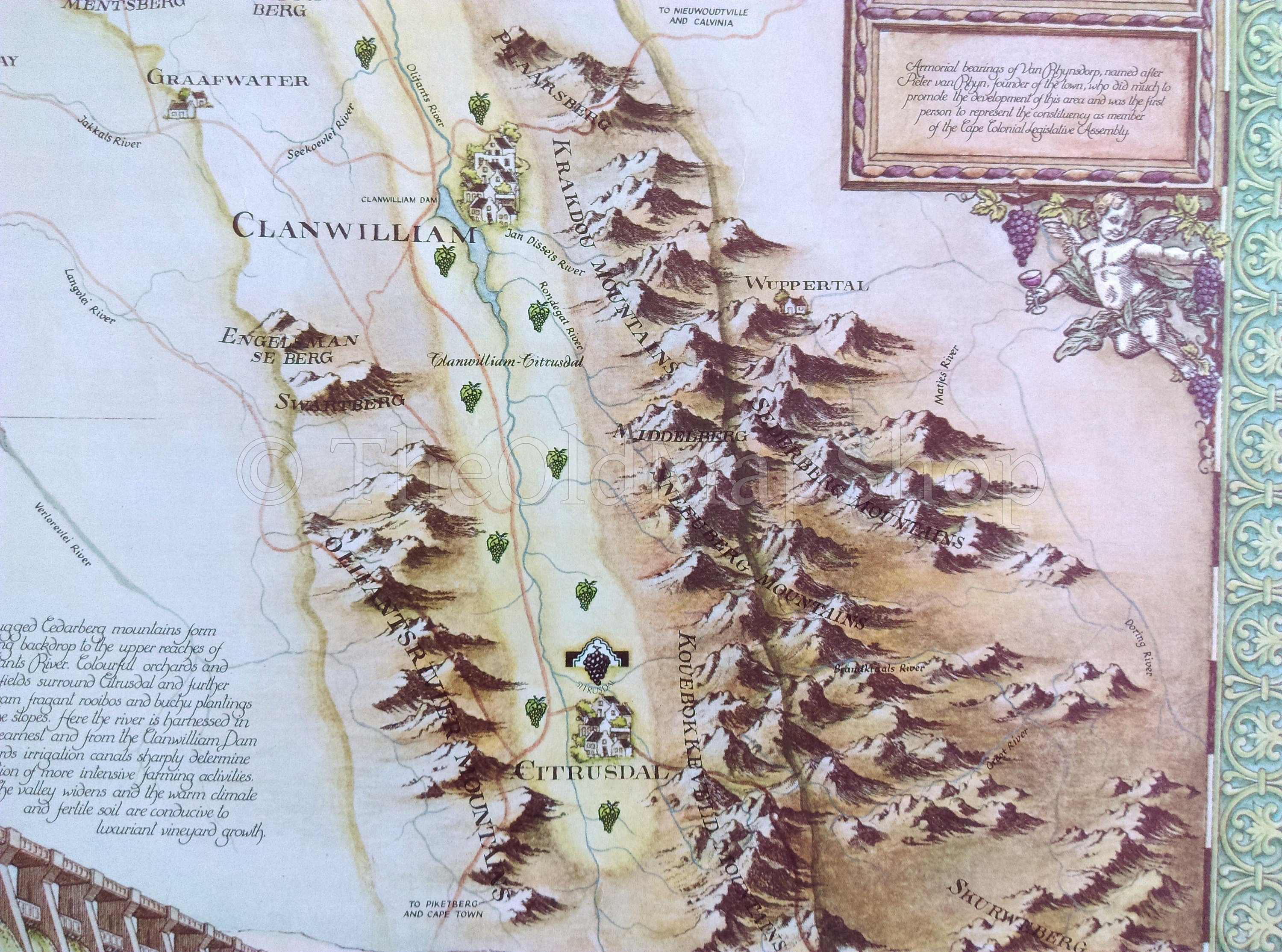 South Africa, Olifantsrivier, Olifants River, Wine Region Vinyard Winery Map, 1973 Janice Ashby Pictorial Map, Poster