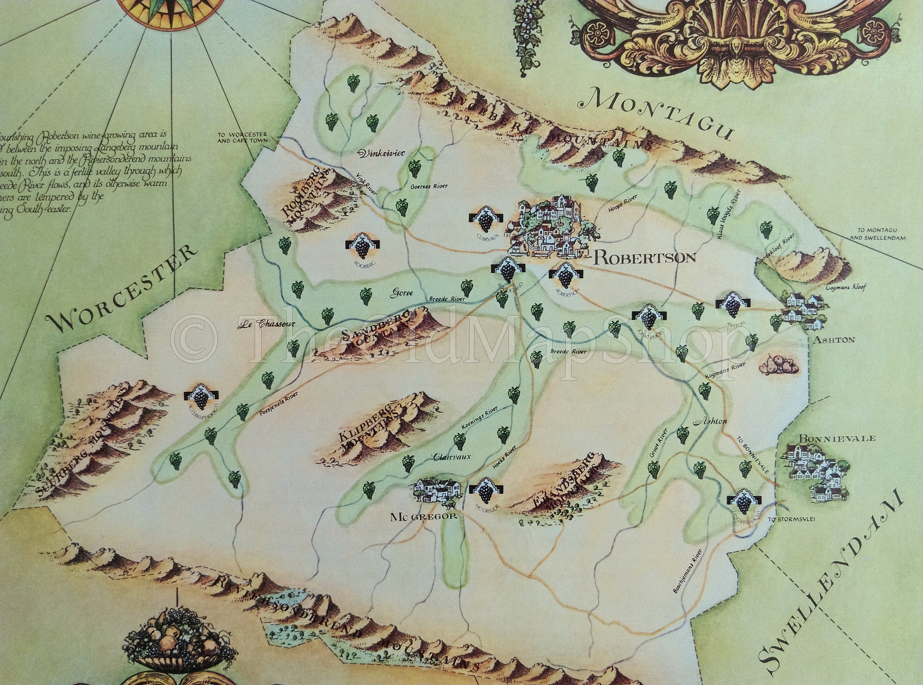 South Africa, Robertson, Wine Region Vinyard Winery Map, 1973 Janice Ashby Pictorial Map, Poster