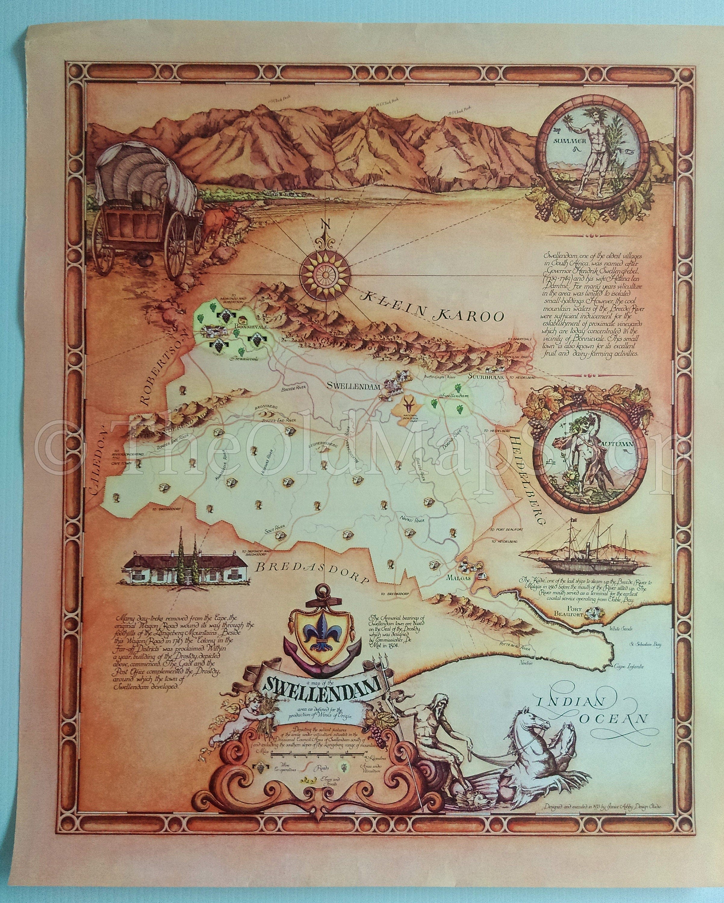 South Africa, Swellendam, Wine Region Vinyard Winery Map, 1973 Janice Ashby Pictorial Map, Poster