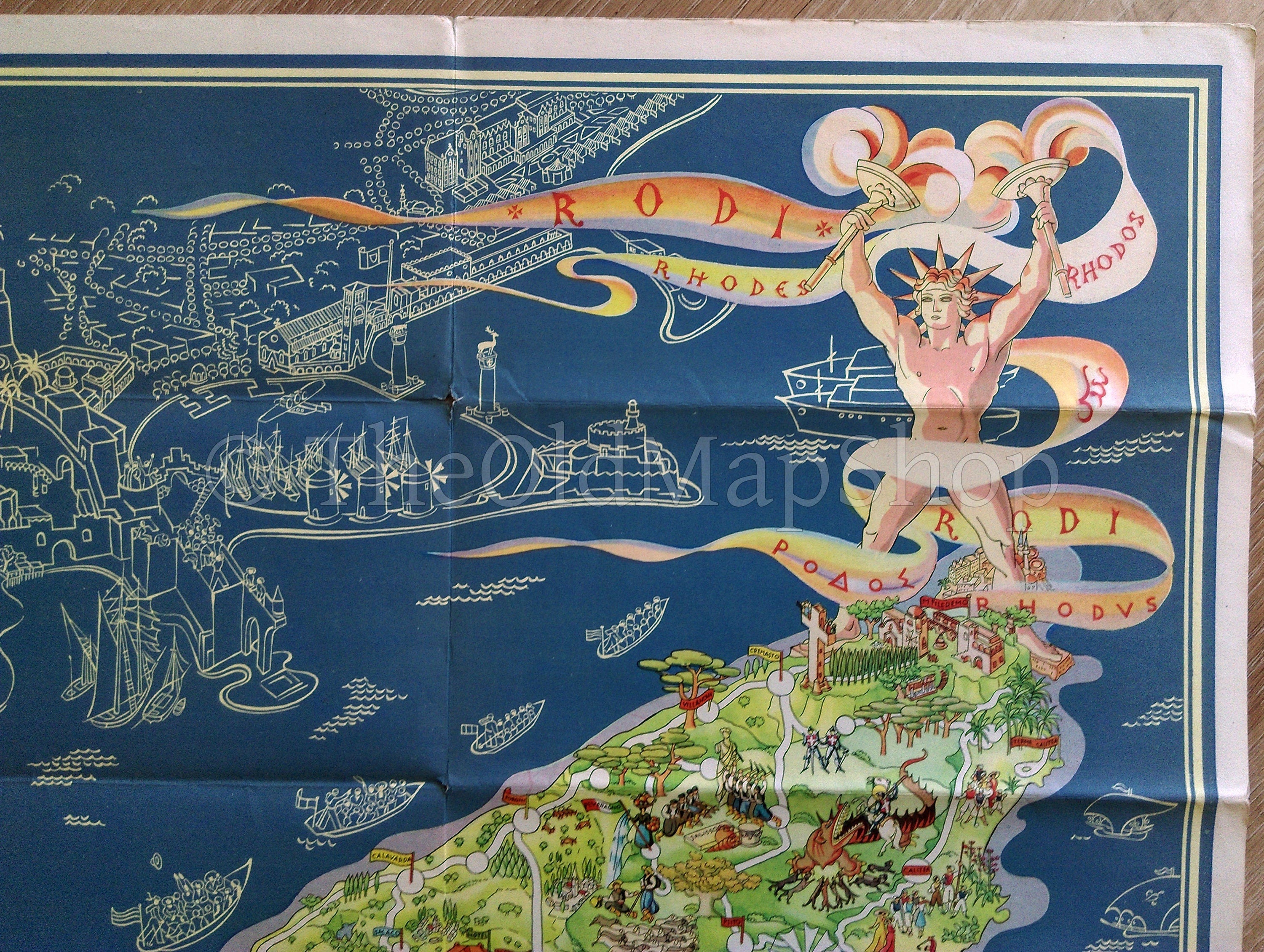 1935 Rhodes Greece Pictorial Map by Egon Huber Rodi