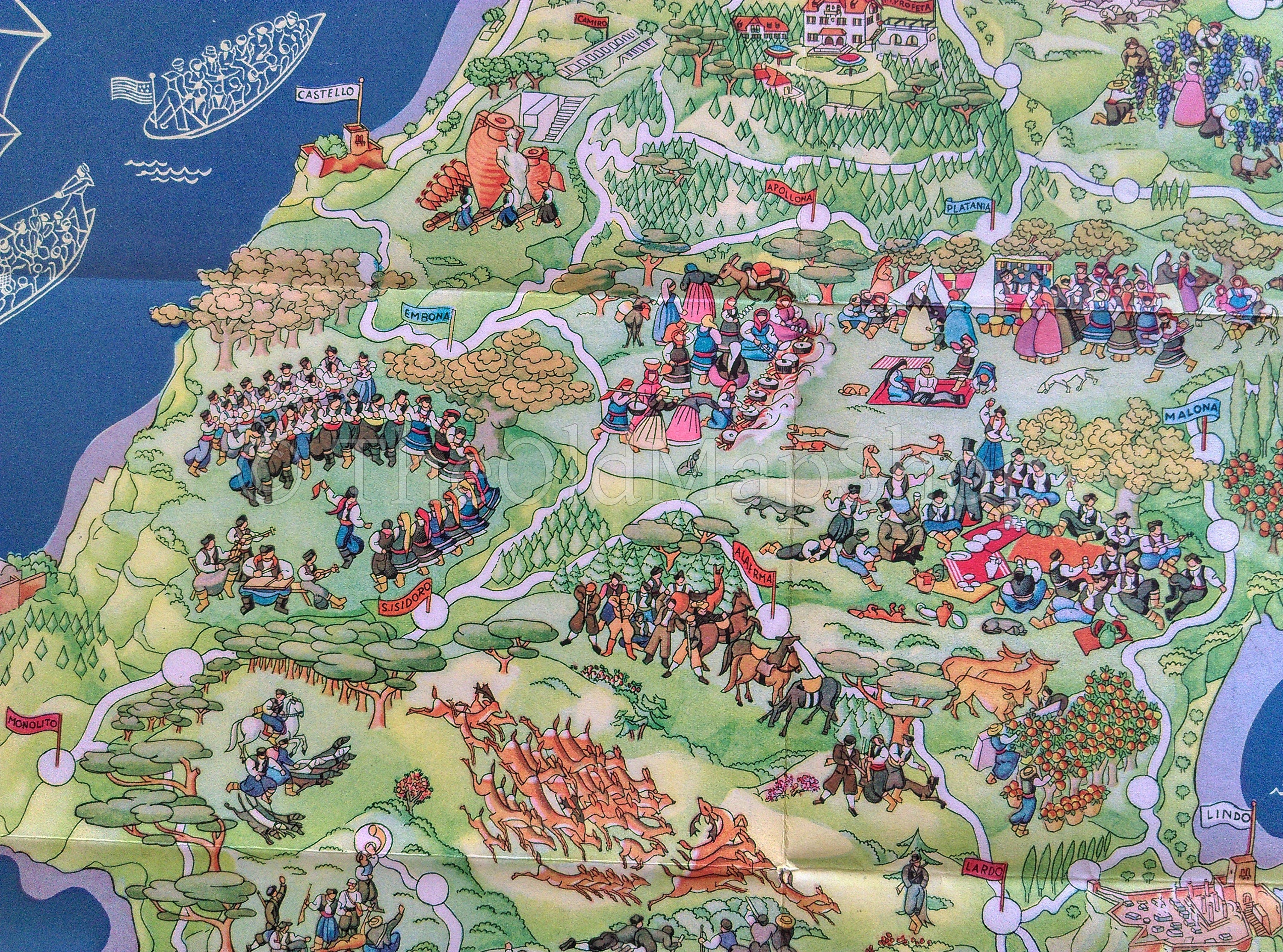 1935 Rhodes Greece Pictorial Map by Egon Huber Rodi