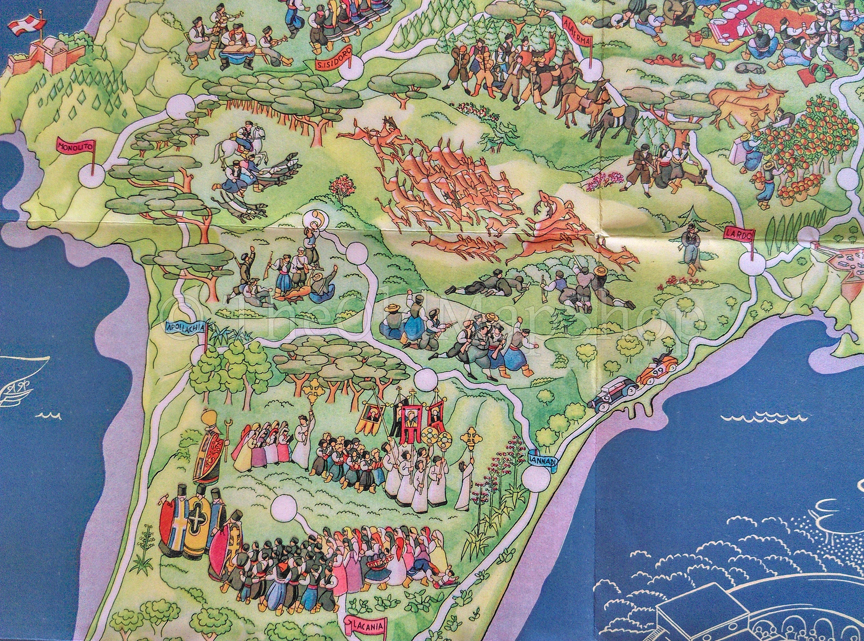 1935 Rhodes Greece Pictorial Map by Egon Huber Rodi