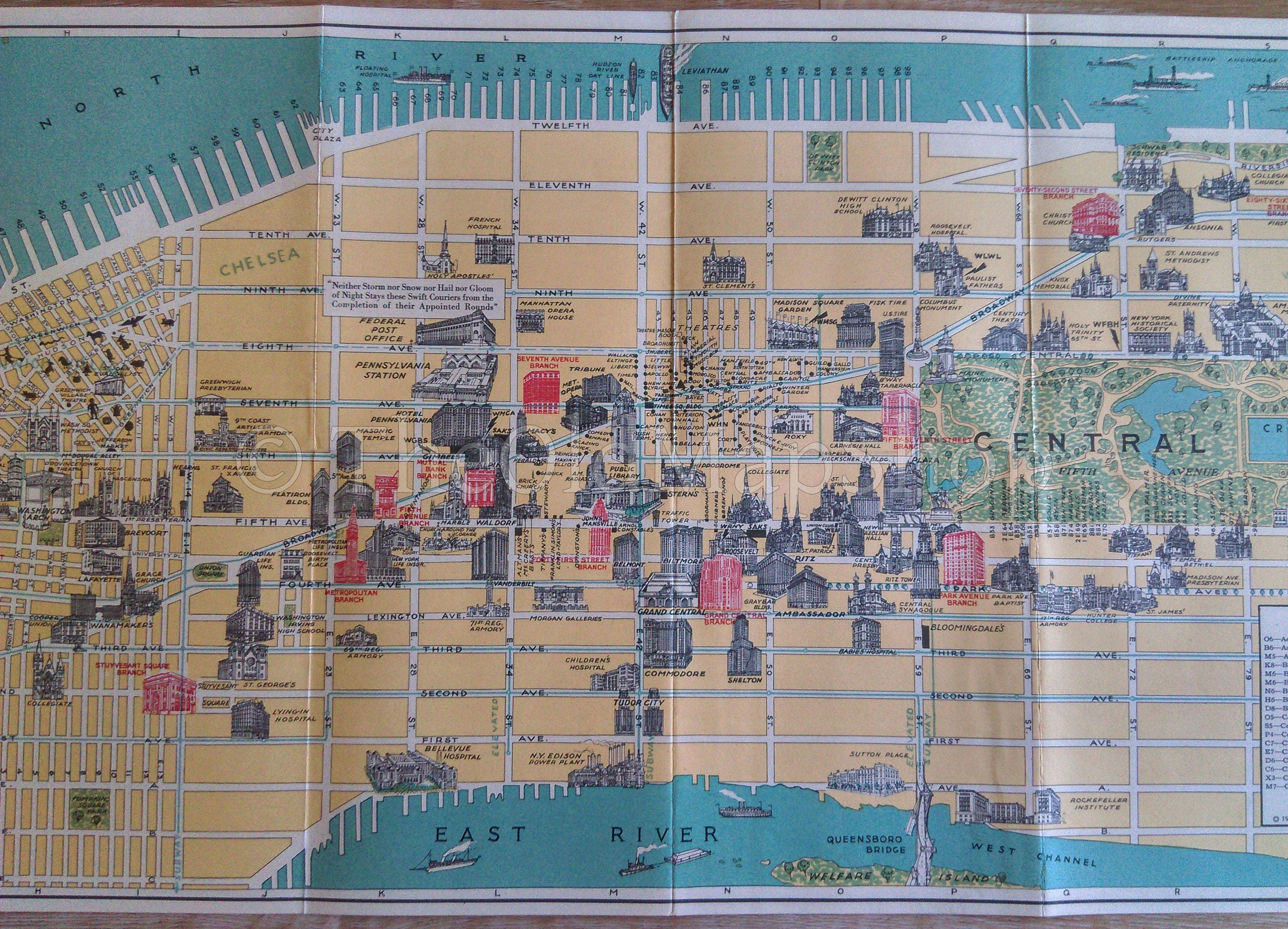 1928 Pictorial Map of New York City.....Compliments of The Chase National Bank, 1928 Arthur Crosby Service.