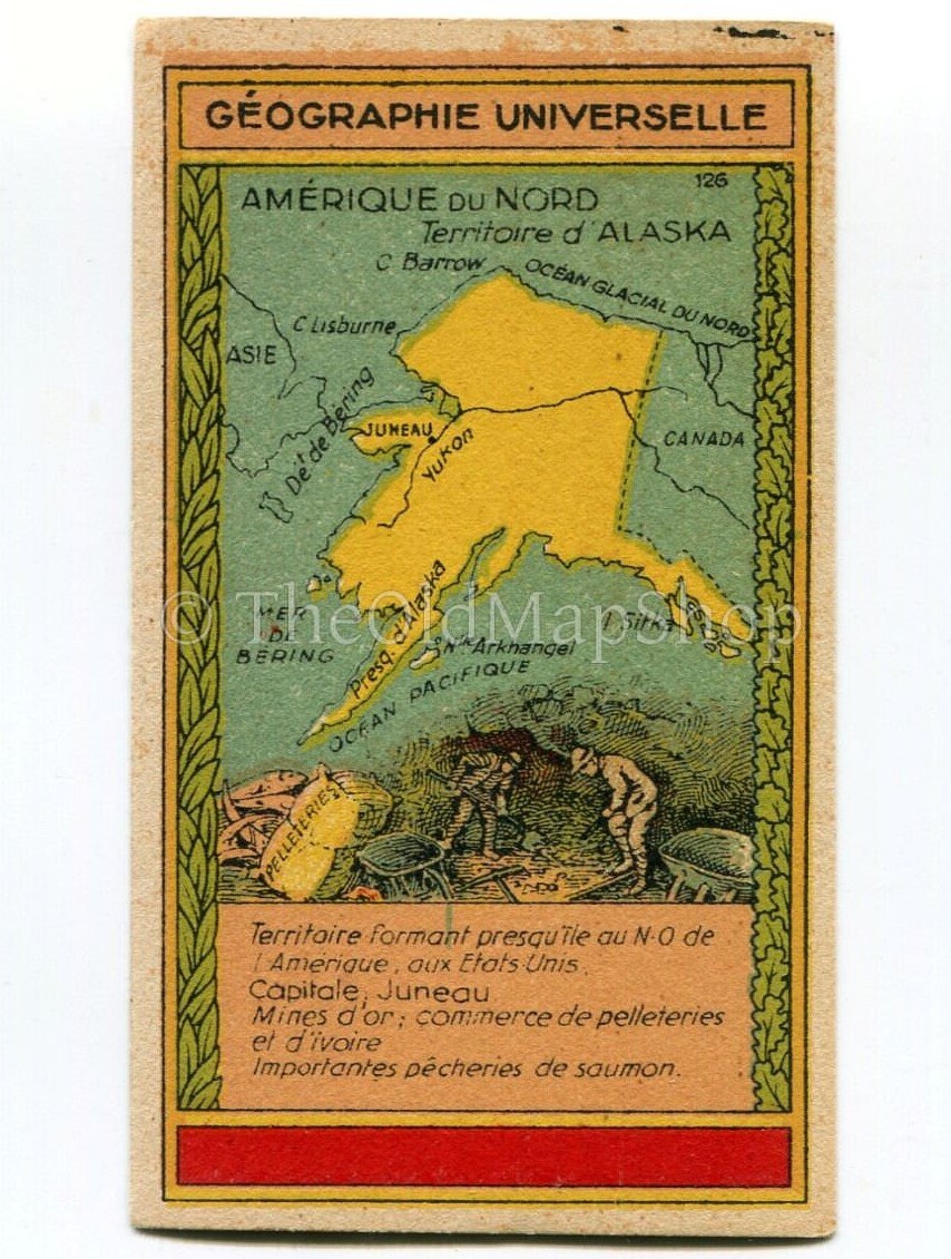 Alaska, North America, Antique Map c.1920 - A scarce advertising card for La Belle Jardiniere, shopping center, Paris France