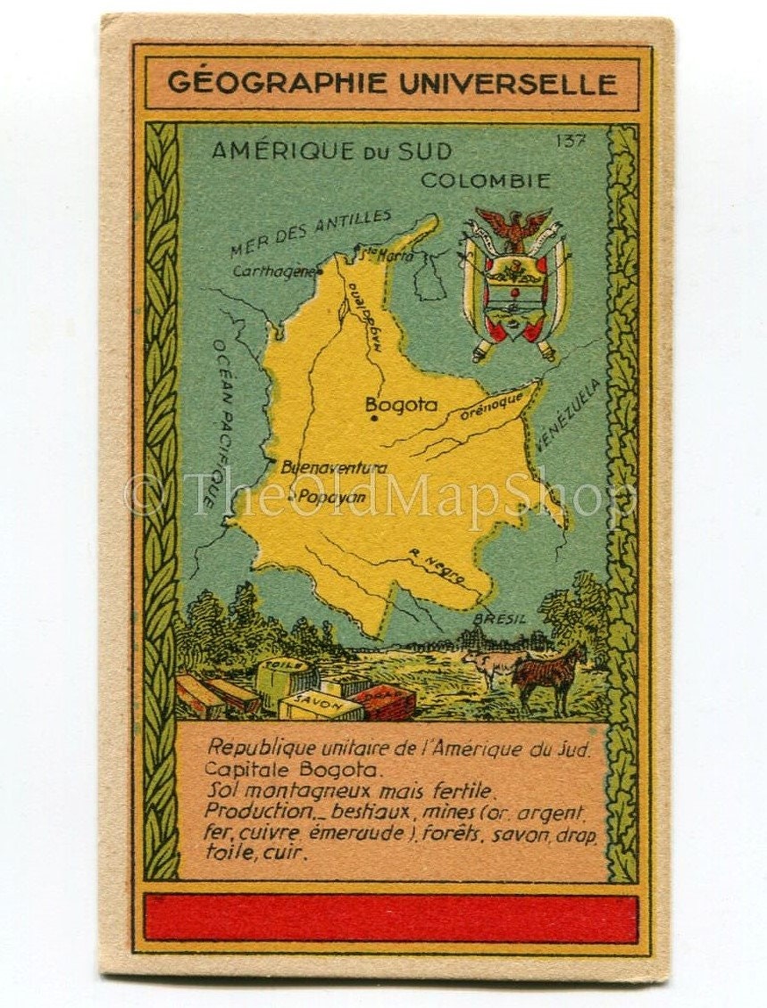 Colombia, South America, Antique Map c.1920 - A scarce advertising card for La Belle Jardiniere, shopping center, Paris France