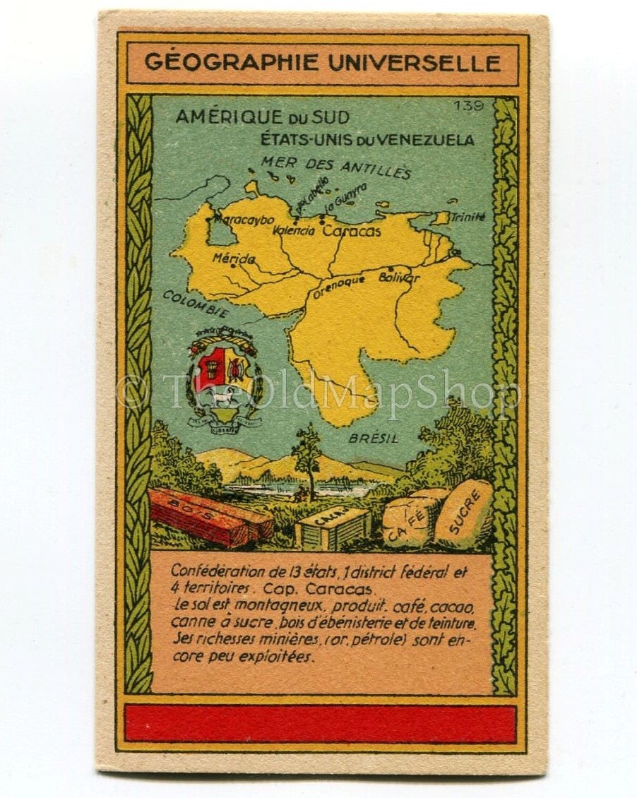 Venezuela, South America, Antique Map c.1920 - A scarce advertising card for La Belle Jardiniere, shopping center, Paris France