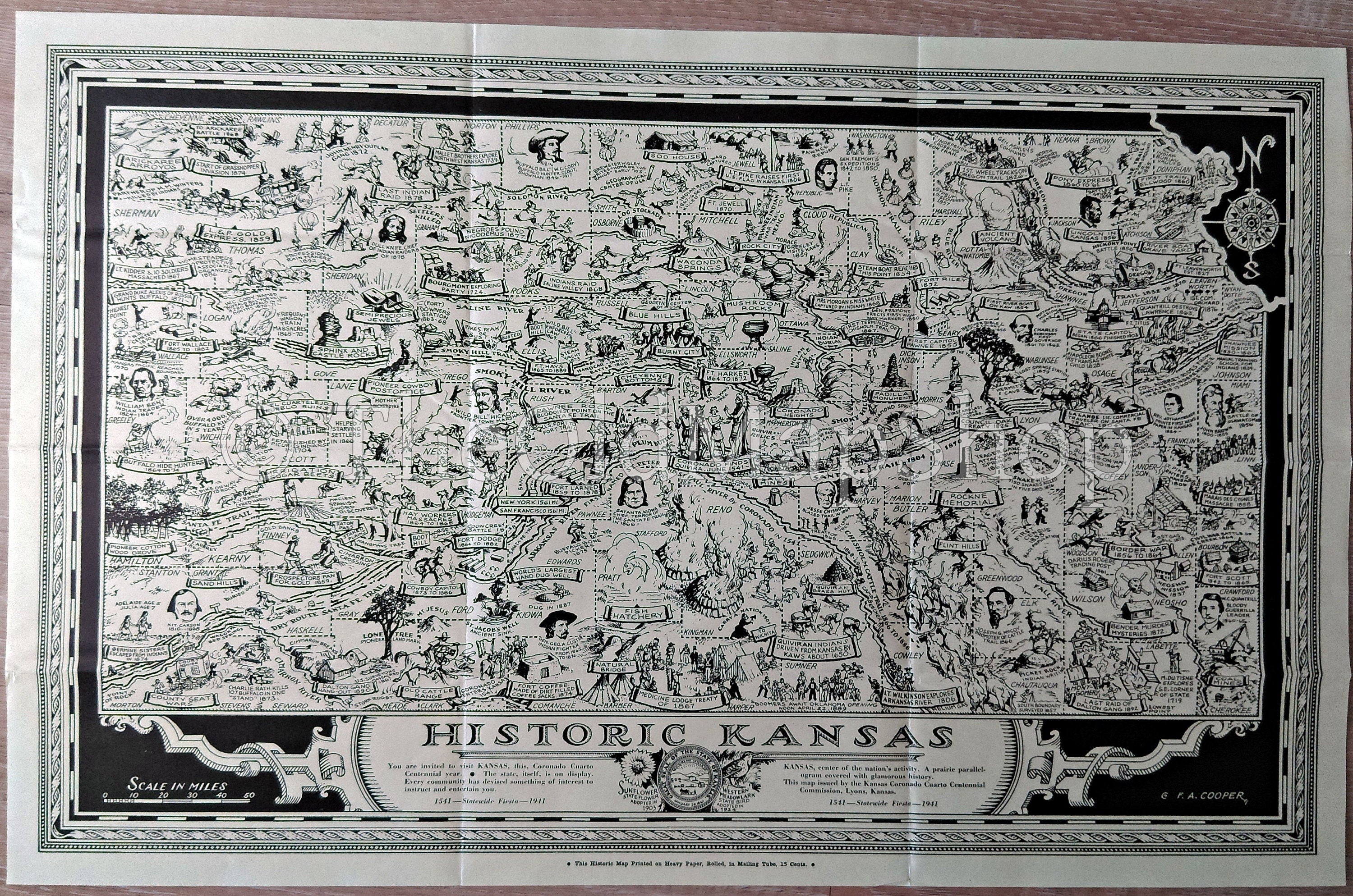 Rare 1941 Historic Kansas Pictorial Map by Frank A Cooper. Publisher Kansas Coronado Cuarto Centennial Commission
