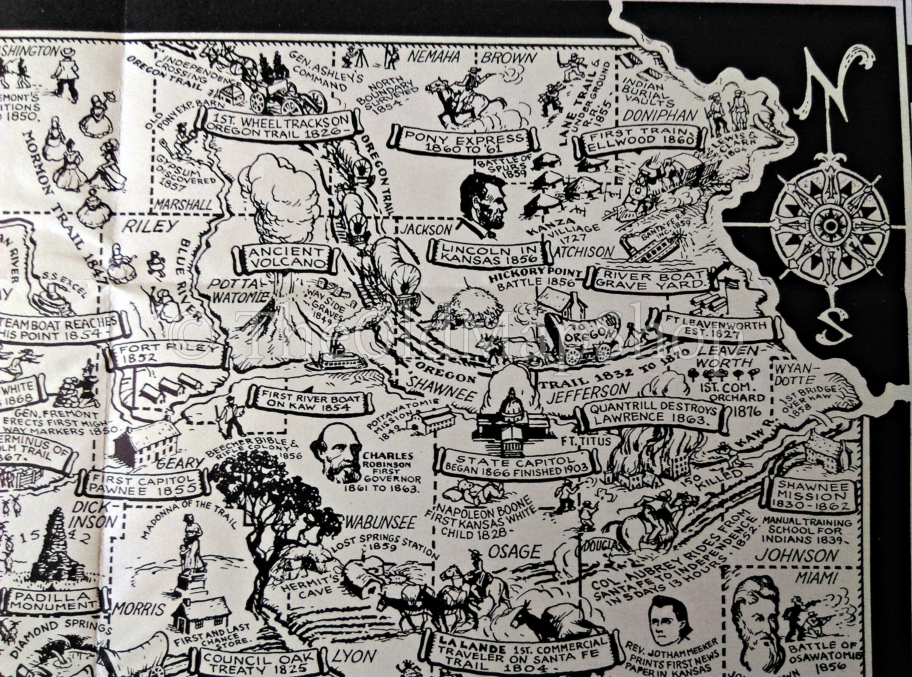 Rare 1941 Historic Kansas Pictorial Map by Frank A Cooper. Publisher Kansas Coronado Cuarto Centennial Commission