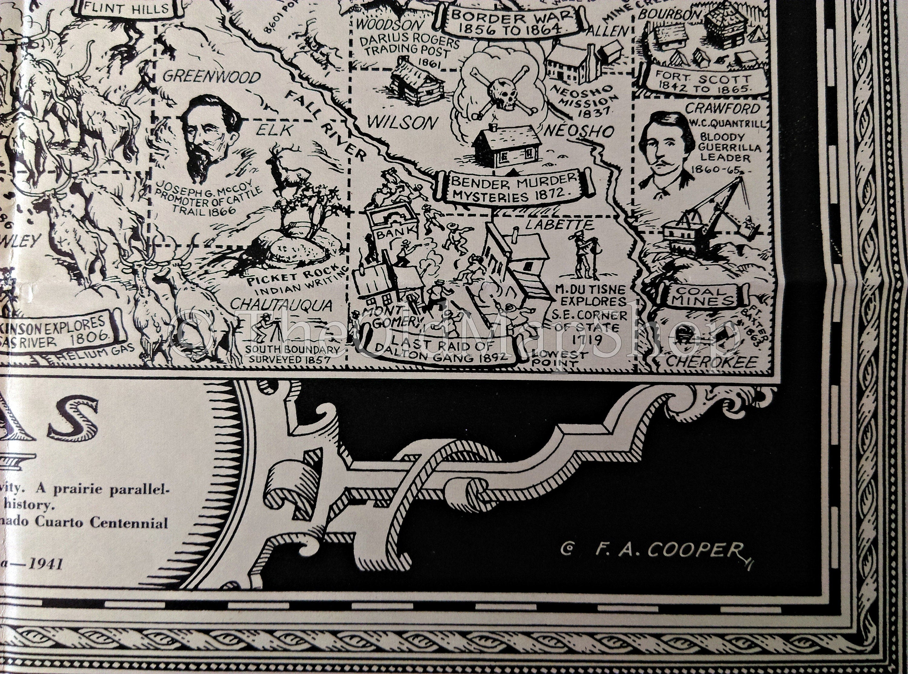 Rare 1941 Historic Kansas Pictorial Map by Frank A Cooper. Publisher Kansas Coronado Cuarto Centennial Commission
