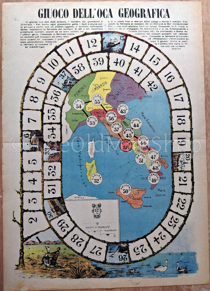 1910 Giuoco Dell’Oca Geografica, Game of the Goose, Pictorial Map of Italy by Ditta L. Perego