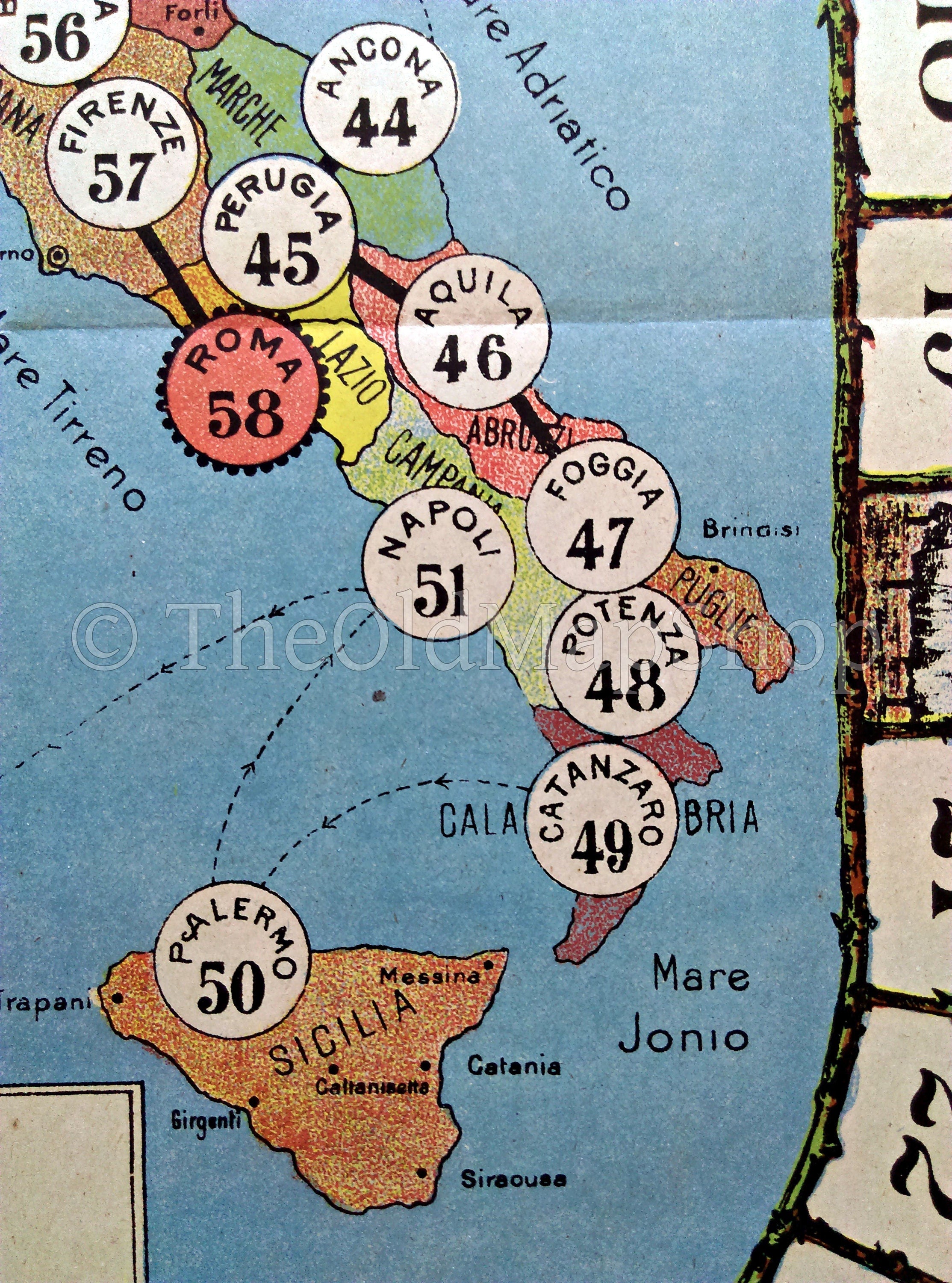 1910 Giuoco Dell’Oca Geografica, Game of the Goose, Pictorial Map of Italy by Ditta L. Perego