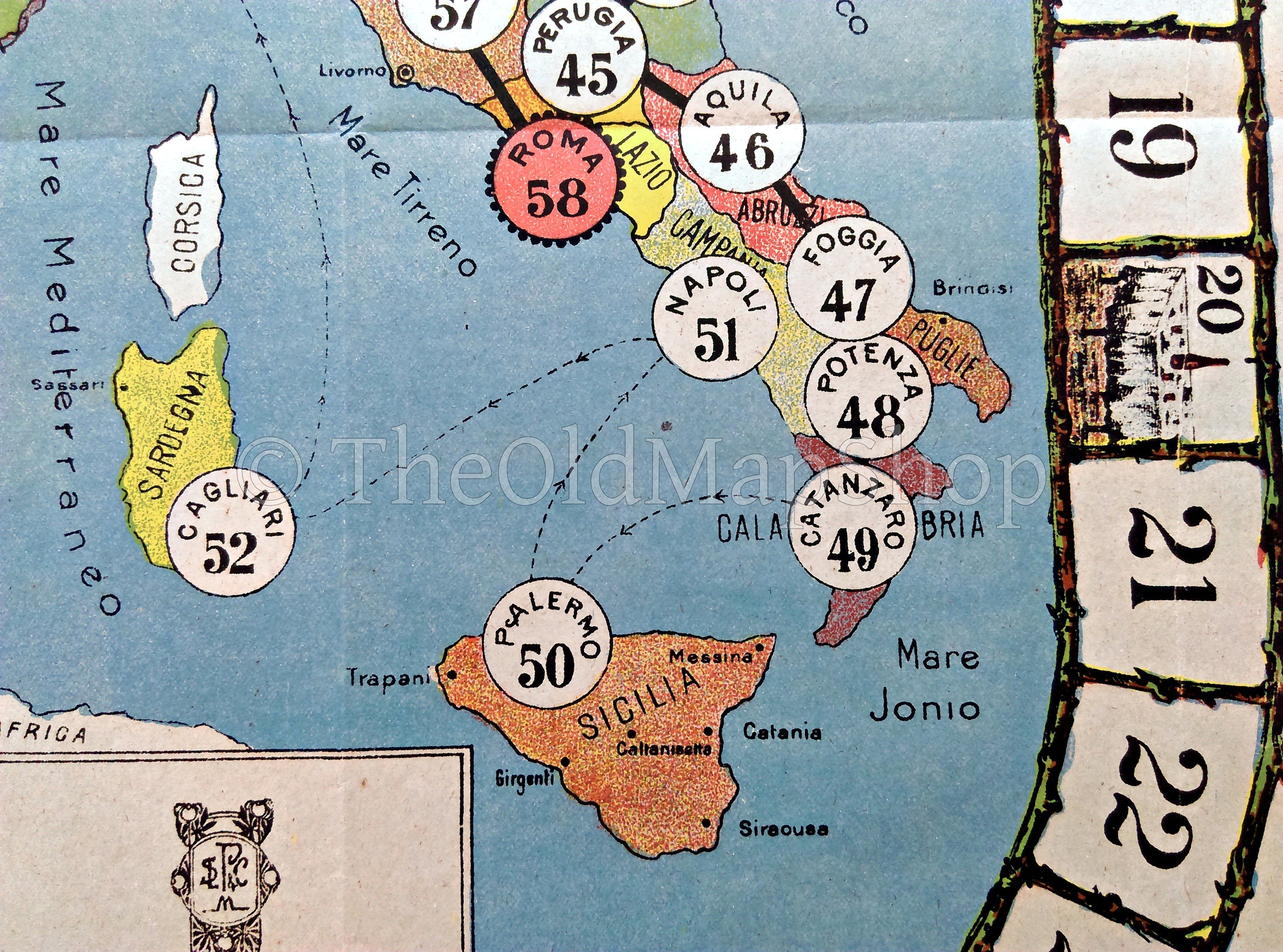 1910 Giuoco Dell’Oca Geografica, Game of the Goose, Pictorial Map of Italy by Ditta L. Perego