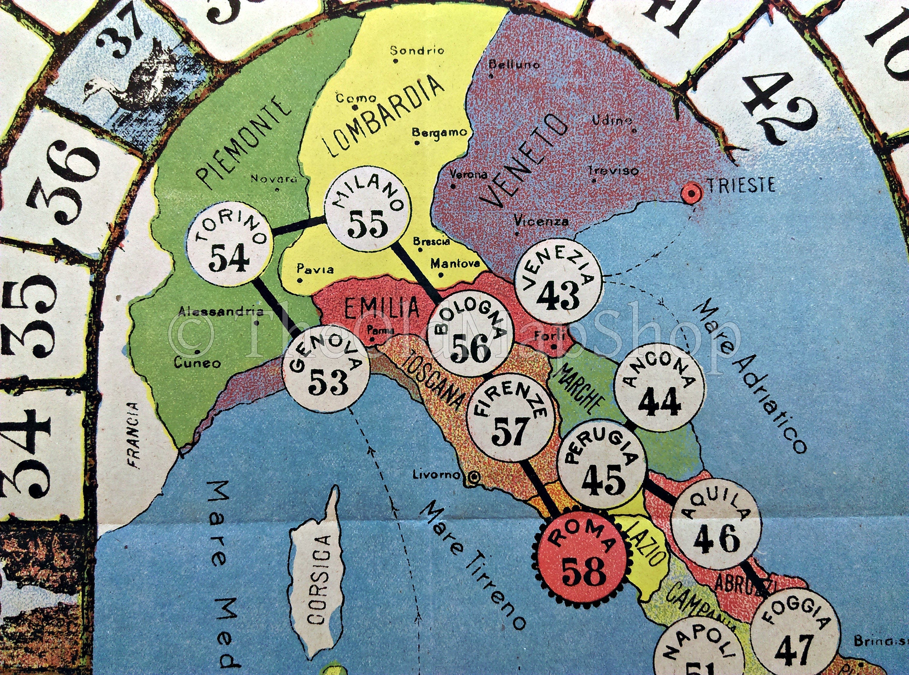 1910 Giuoco Dell’Oca Geografica, Game of the Goose, Pictorial Map of Italy by Ditta L. Perego