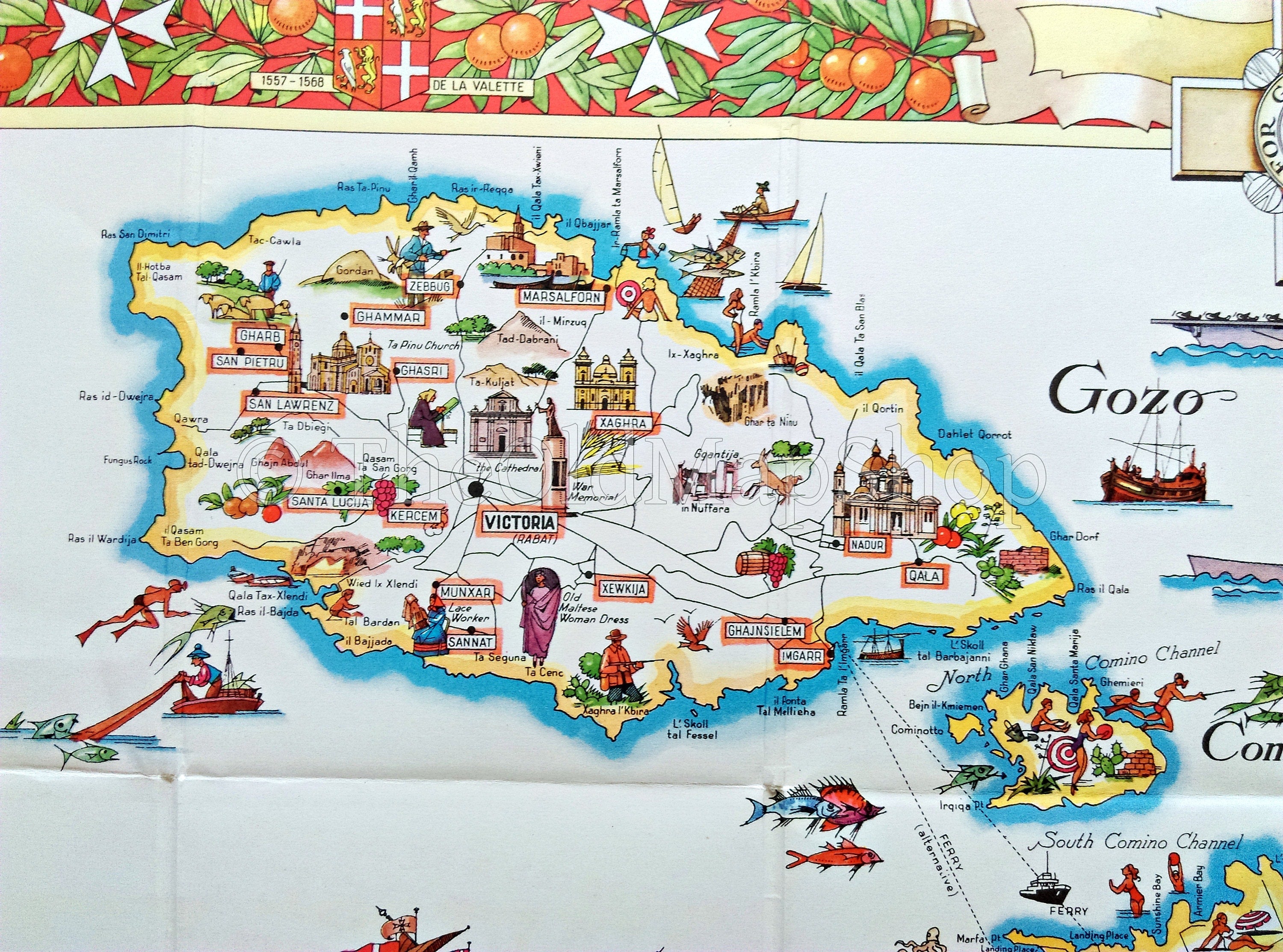 c.1950 Maltese Islands Pictorial Map by Aldo Ciqheri, Malta, Valletta, Gozo
