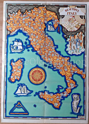 Rare 1933 Italy Pictorial Map, Umberto Zimelli, Beautiful Italy, La Belle Italie, This is the English Version of this map.