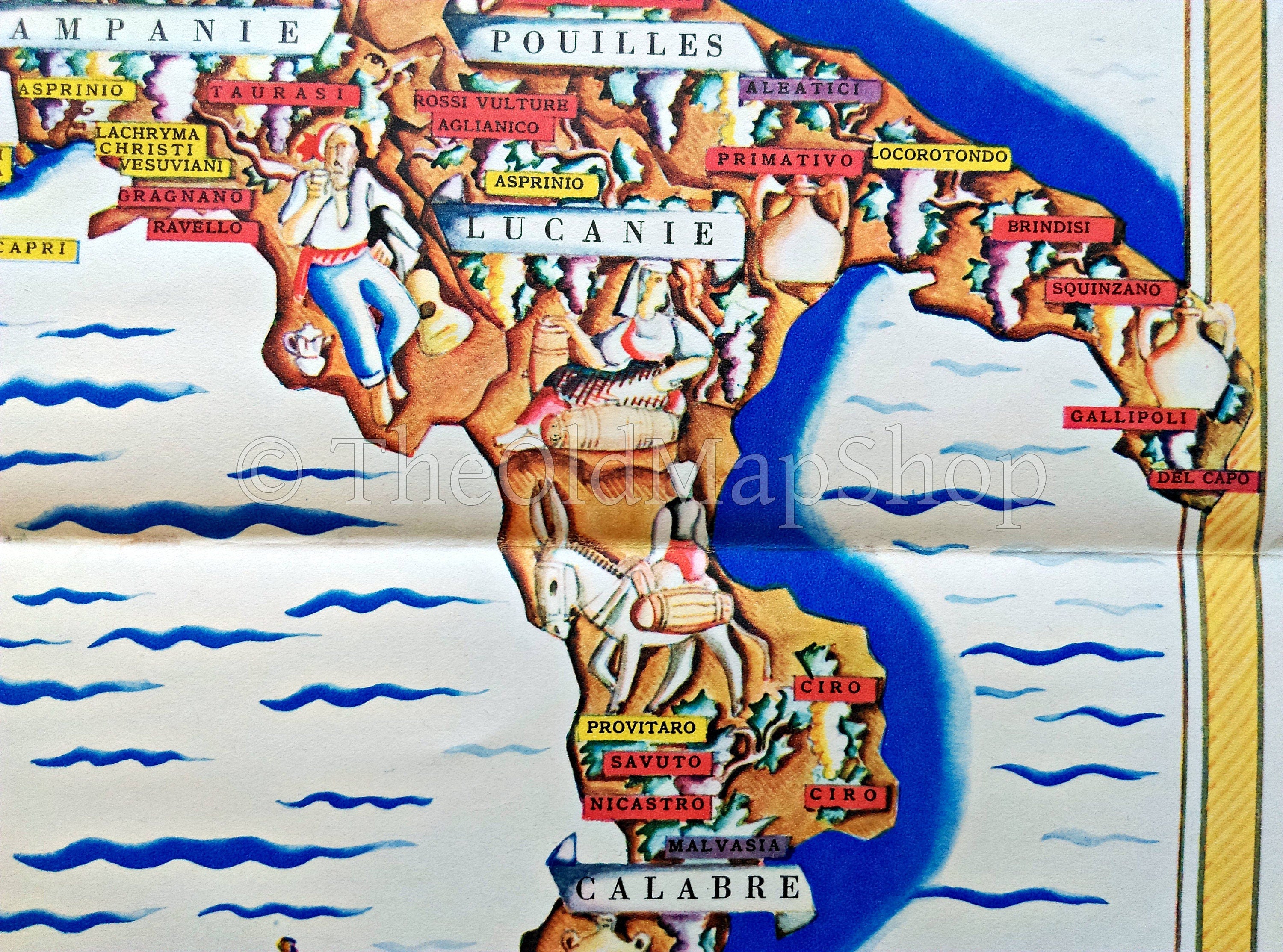 Rare 1933 Wine Map, Vins D'Italie, Wines of Italy, Pictorial Map, Umberto Zimelli, This is the French Version of this map.