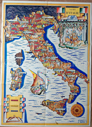 Rare 1933 Wine Map, Vins D'Italie, Wines of Italy, Pictorial Map, Umberto Zimelli, This is the French Version of this map.