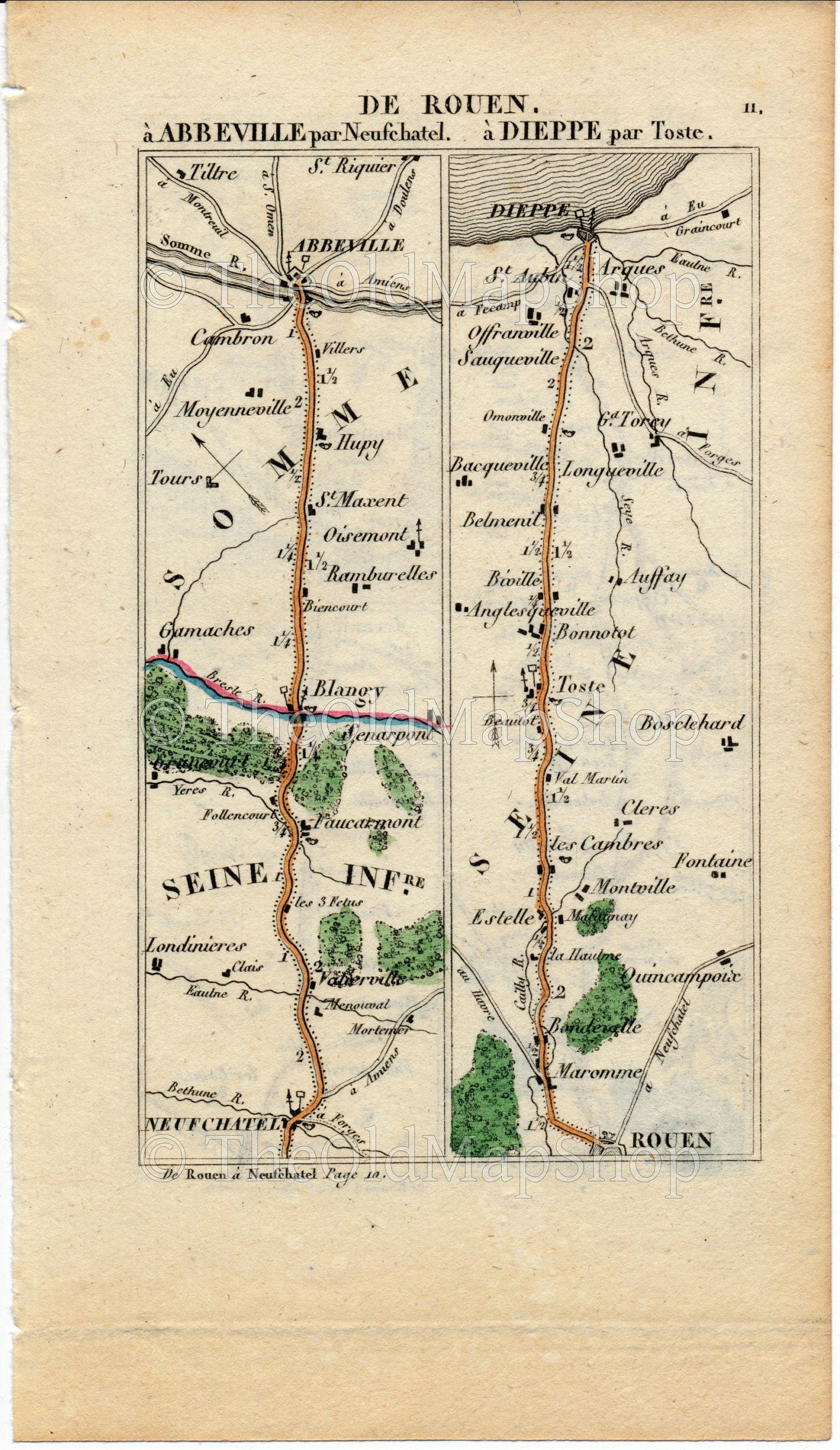 Rare 1826 A M Perrot Road Map - Abbeville, Blangy-sur-Bresel, Neufchatel-en-Bray, Dieppe, Rouen, Doudeville, Yvetot, Le Havre, France 11/12 - The Old Map Shop