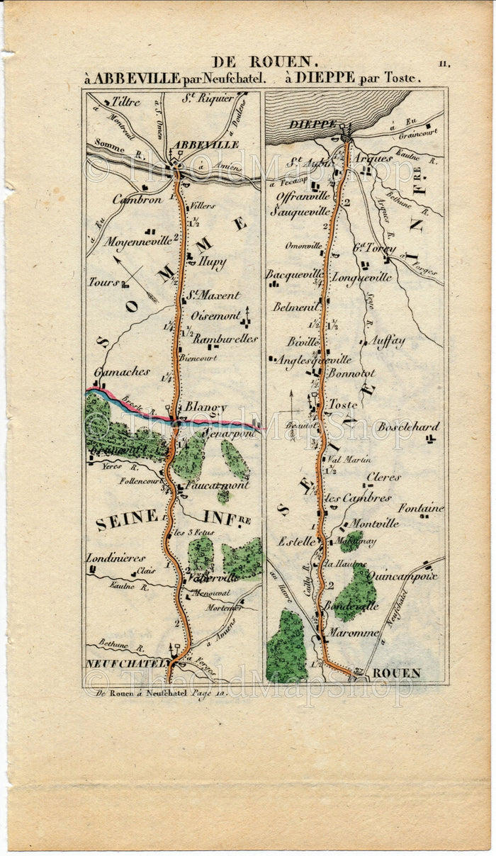 Rare 1826 A M Perrot Road Map - Abbeville, Blangy-sur-Bresel, Neufchatel-en-Bray, Dieppe, Rouen, Doudeville, Yvetot, Le Havre, France 11/12