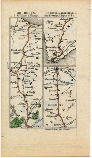 Rare 1826 A M Perrot Road Map - Abbeville, Blangy-sur-Bresel, Neufchatel-en-Bray, Dieppe, Rouen, Doudeville, Yvetot, Le Havre, France 11/12 - The Old Map Shop