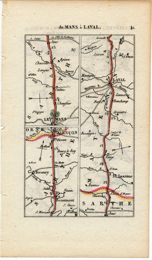 Rare 1826 A M Perrot Road Map - Le Mans, Alencon, Laval, Sainte-Suzanne, Sable-sur-Sarthe, La Fleche, Nantes, Nozay, Derval, France 41/42