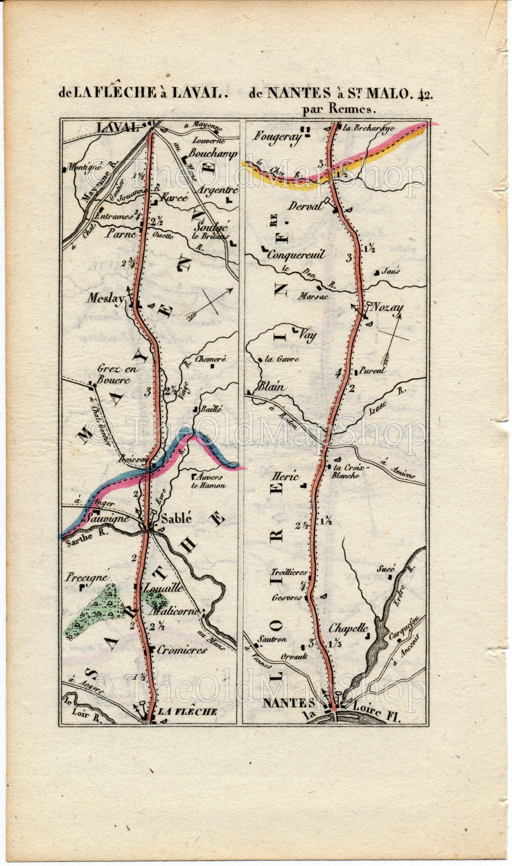 Rare 1826 A M Perrot Road Map - Le Mans, Alencon, Laval, Sainte-Suzanne, Sable-sur-Sarthe, La Fleche, Nantes, Nozay, Derval, France 41/42
