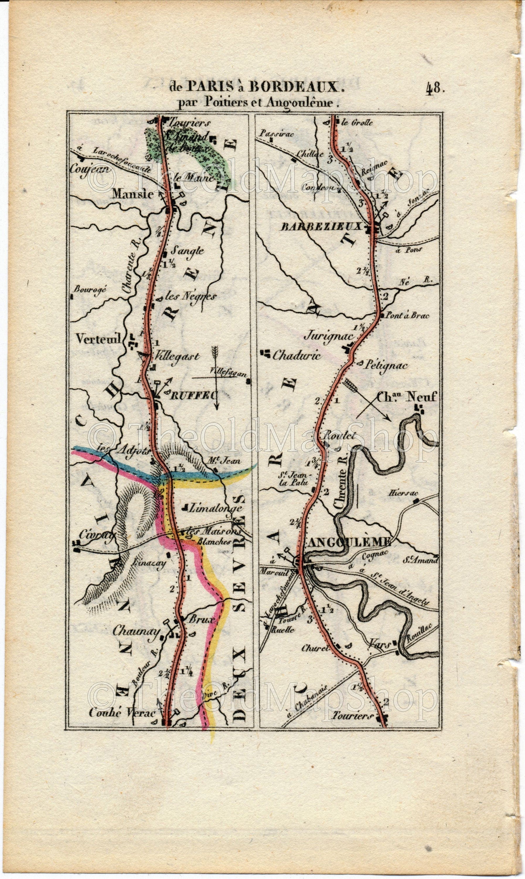 Rare 1826 A M Perrot Road Map - Vivonne, Grand-Poitiers, Naintre, Chatellerault, Les Ormes, Angouleme, Mansle, Ruffec, Chaunay, France 47/48