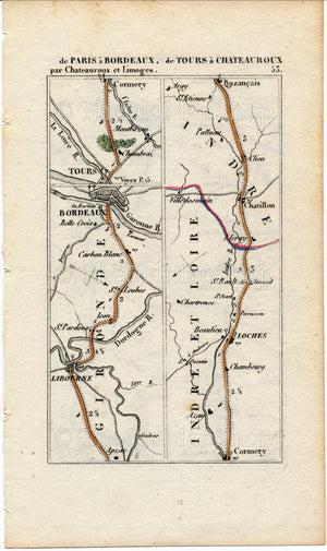 Rare 1826 A M Perrot Road Map - Libourne, Bordeaux, Cormery, Loches, Chatillon-sur-Indre, Buzancais, Chateauroux, Niort, France 53/54 - The Old Map Shop