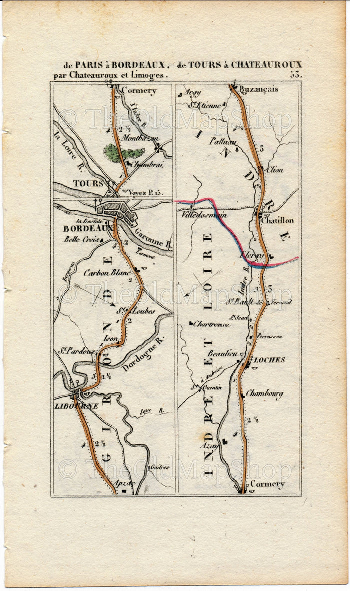 Rare 1826 A M Perrot Road Map - Libourne, Bordeaux, Cormery, Loches, Chatillon-sur-Indre, Buzancais, Chateauroux, Niort, France 53/54