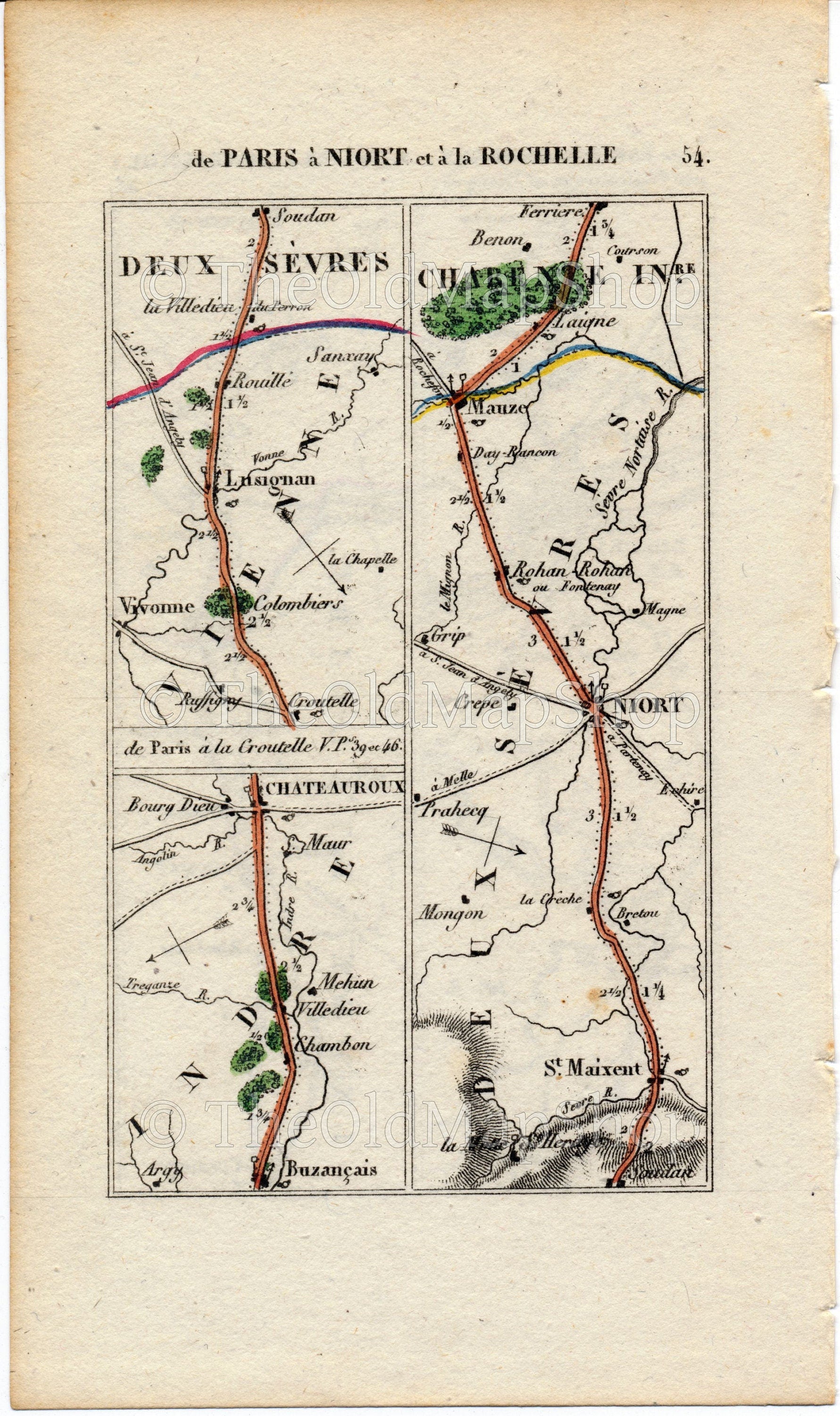 Rare 1826 A M Perrot Road Map - Libourne, Bordeaux, Cormery, Loches, Chatillon-sur-Indre, Buzancais, Chateauroux, Niort, France 53/54 - The Old Map Shop