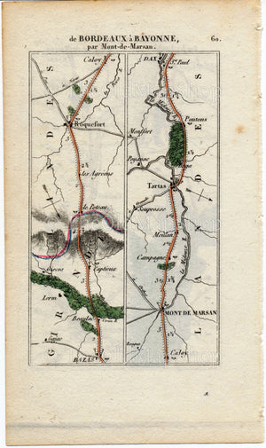 Rare 1826 A M Perrot Road Map - Bayonne, Bordeaux, Cadillac, Langon, Bazas, Roquefort, Mont-de-Marsan, Tartaz, Dax, France 59/60 - The Old Map Shop
