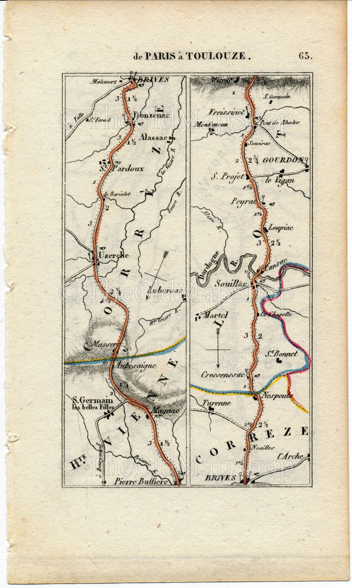 Rare 1826 A M Perrot Road Map - Gourdon, Souillac, Brive-la-Gaillarde, Uzerche, Masseret, Cahors, Montauban, Toulouse, France 63/64