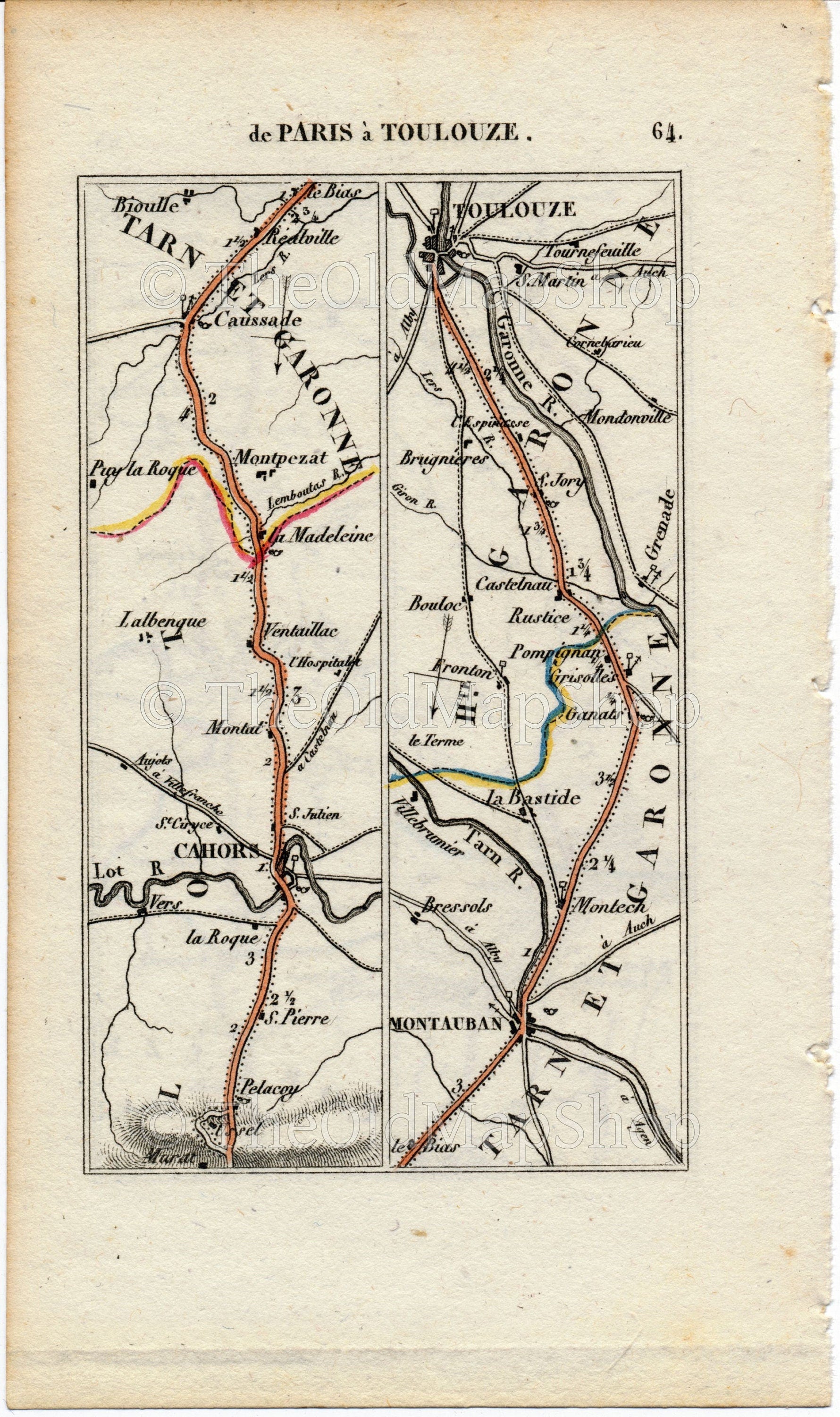 Rare 1826 A M Perrot Road Map - Gourdon, Souillac, Brive-la-Gaillarde, Uzerche, Masseret, Cahors, Montauban, Toulouse, France 63/64 - The Old Map Shop