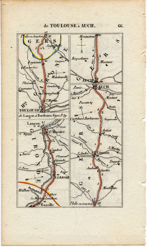 Rare 1826 A M Perrot Road Map - Montauban, Moissac, Valence, Agen, Aiguillon, Marmande, La Reole, Langon, Toulouse, Auch, France 65/66