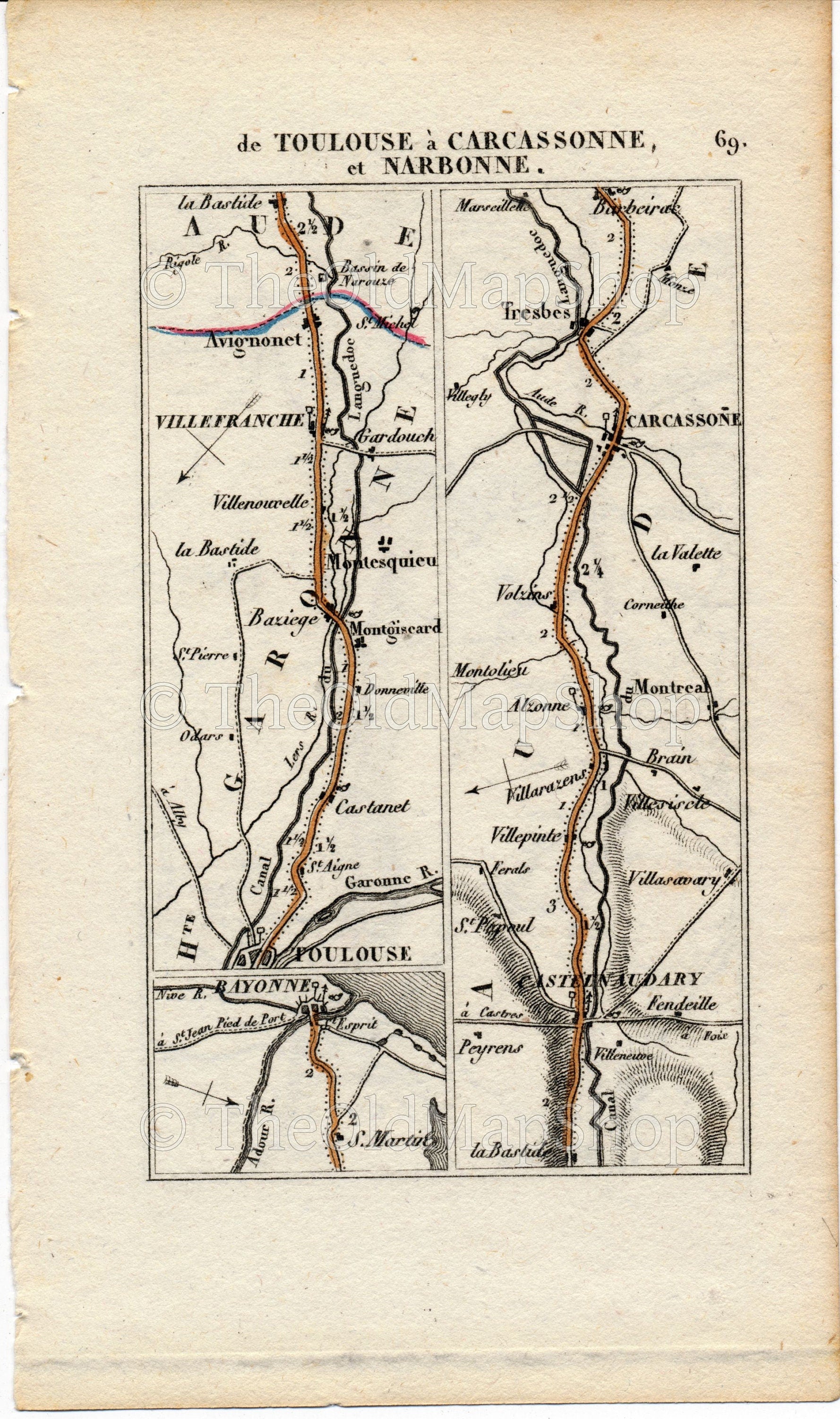Rare 1826 A M Perrot Road Map - Bayonne, Toulouse, Castelnaudary, Carcassonne, Trebes, Narbonne, Albi, Gaillac, Rabastens, France 69/70 - The Old Map Shop