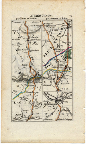 Rare 1826 A M Perrot Road Map - Moulins, Nevers, Varennes-Vauzelles, Lapalisse, Roanne, Tarare, L'Arbresle, Lyon, Paris, Melun, France 73/74 - The Old Map Shop