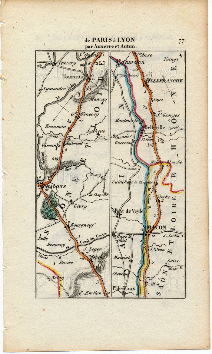 Rare 1826 A M Perrot Road Map - Chalon-sur-Saone, Tournus, Macon, Belleville, Trevoux, Lyon, Bourges, Aubigny-sur-Nere, Gien, France 77/78