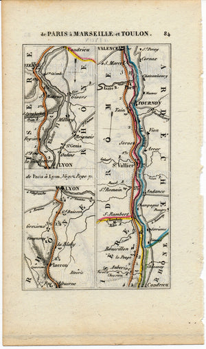 Rare 1826 A M Perrot Road Map - Clermont-Ferrand, Lezoux, Thiers, Montbrison, Yzeron, Lyon, Givors, Vienne, Tournon-sur-Rhone, France 83/84 - The Old Map Shop