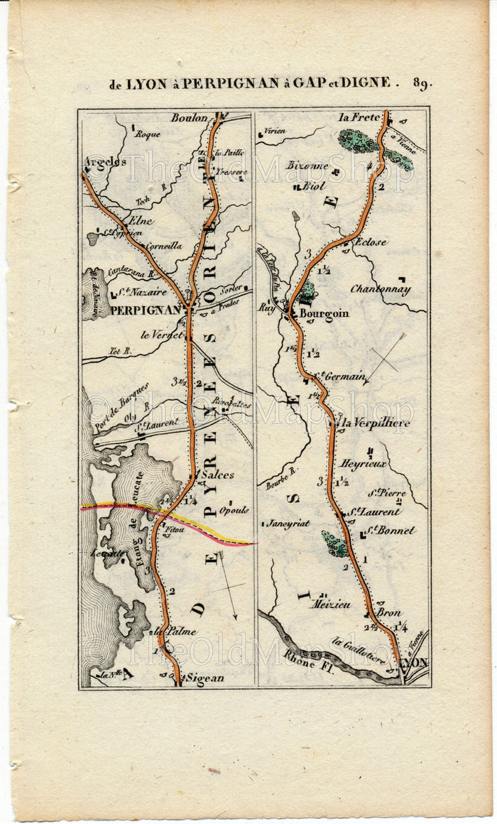 Rare 1826 A M Perrot Road Map - Salses-le-Chateau, Perpignan, Lyon, Grenoble, Voreppe, Moirans, Corps, Gap, Pierre-Chatel, France 89/90