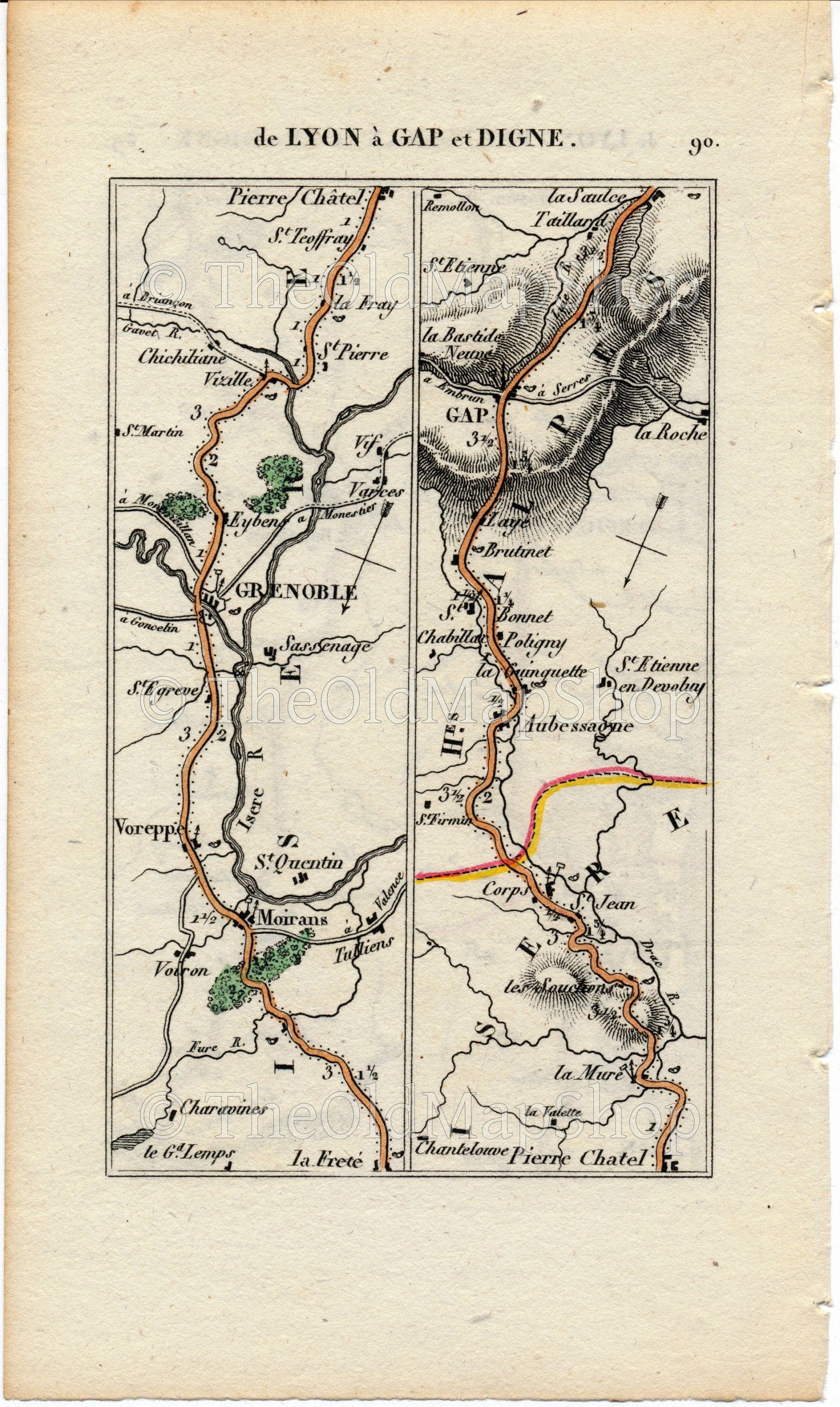 Rare 1826 A M Perrot Road Map - Salses-le-Chateau, Perpignan, Lyon, Grenoble, Voreppe, Moirans, Corps, Gap, Pierre-Chatel, France 89/90 - The Old Map Shop