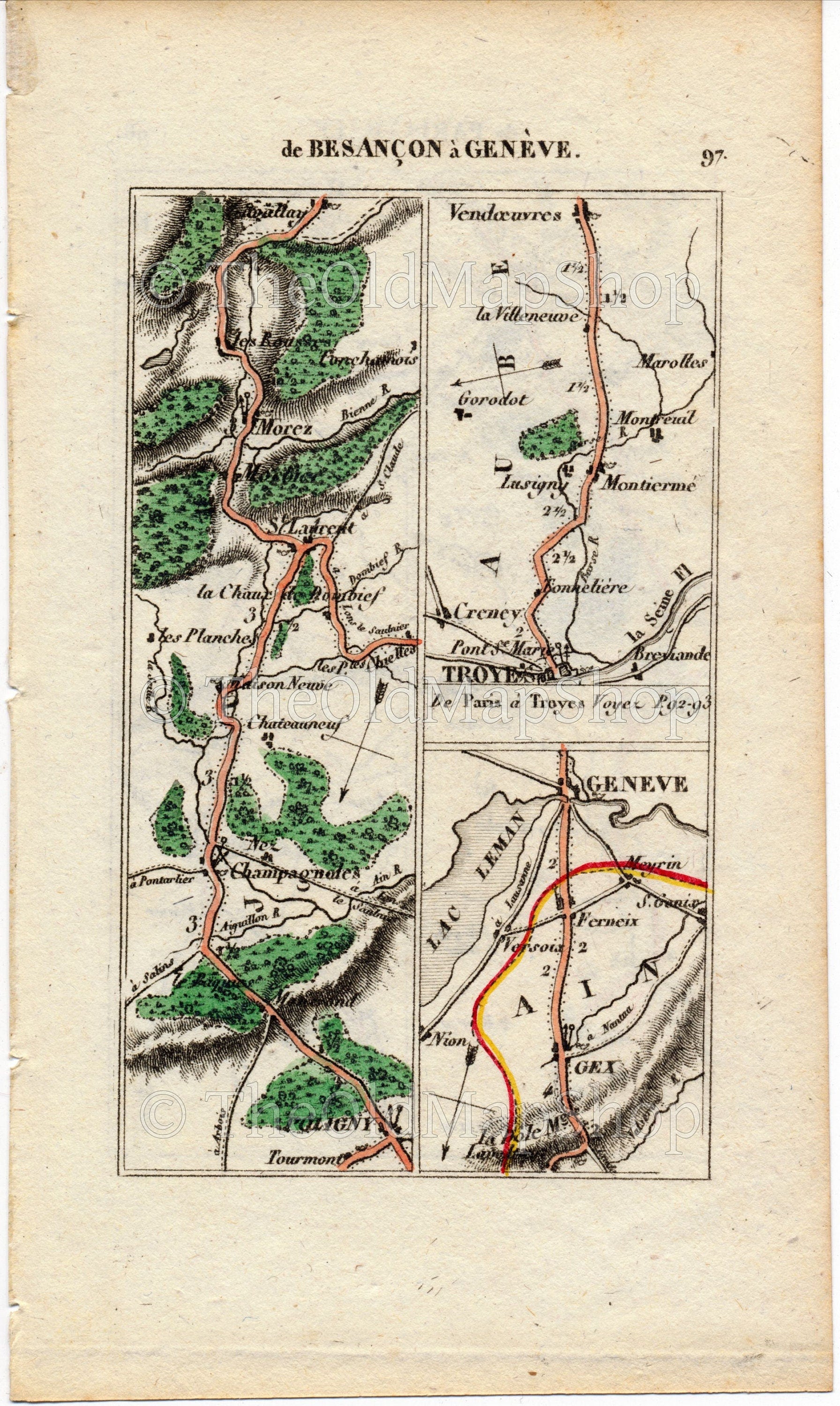 Rare 1826 A M Perrot Road Map - Poligny, Champagnole, Morez, Les Rousses, Geneva, Troyes, Langres, Chaumont, France 97/98 - The Old Map Shop