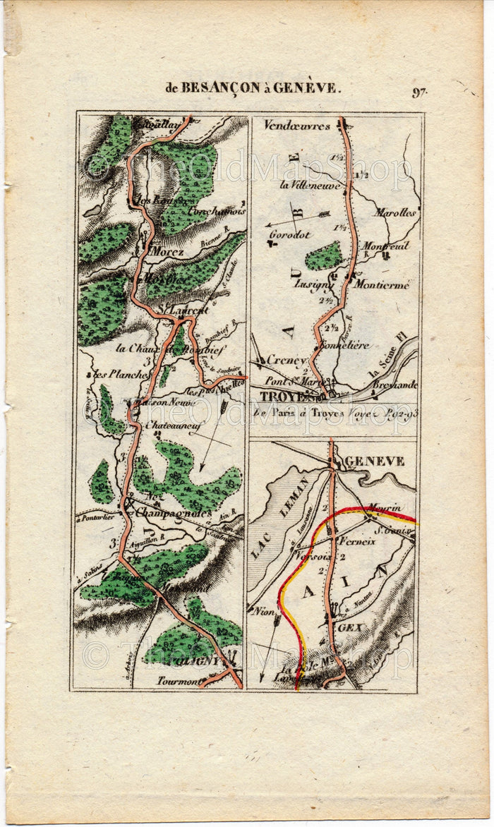 Rare 1826 A M Perrot Road Map - Poligny, Champagnole, Morez, Les Rousses, Geneva, Troyes, Langres, Chaumont, France 97/98