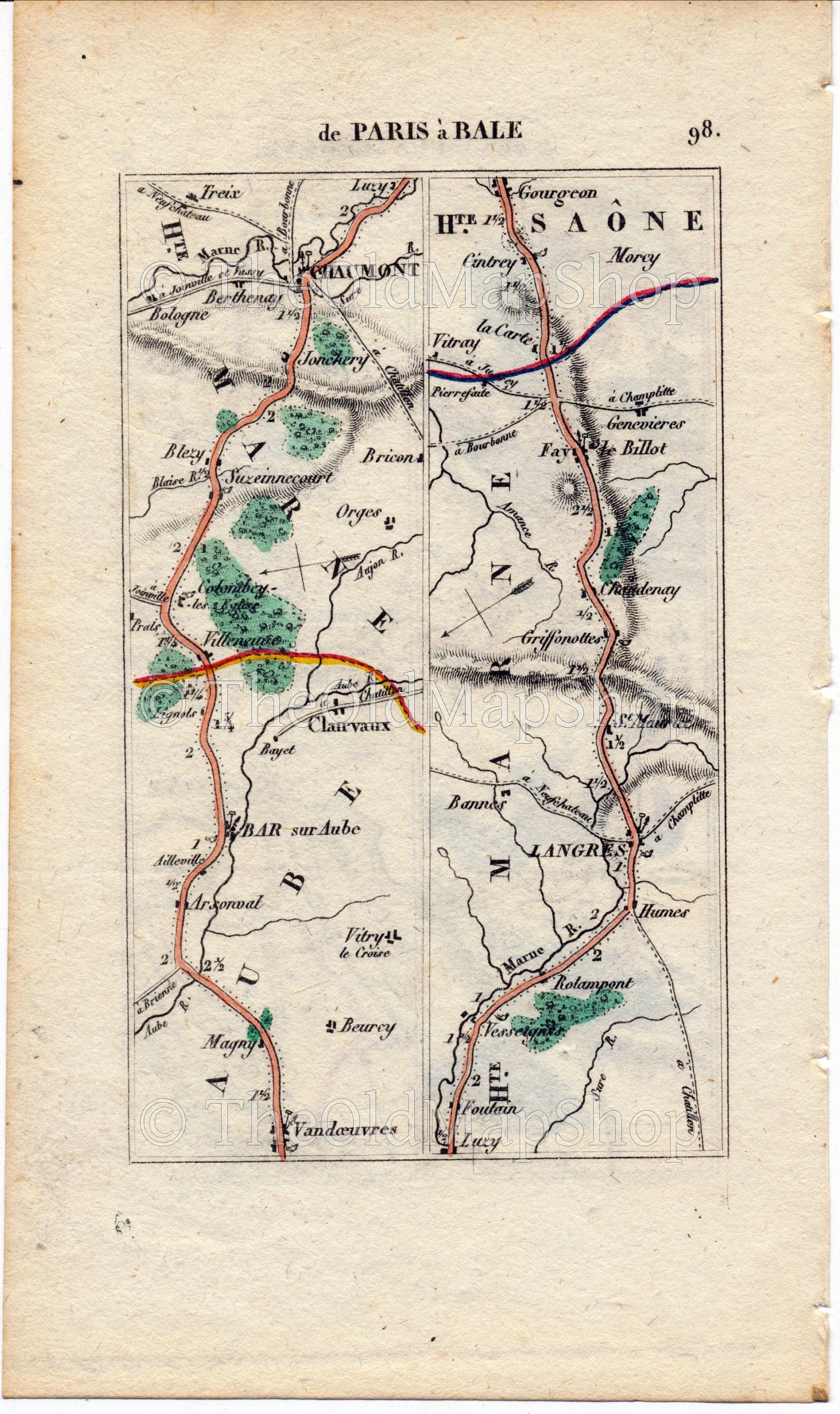 Rare 1826 A M Perrot Road Map - Poligny, Champagnole, Morez, Les Rousses, Geneva, Troyes, Langres, Chaumont, France 97/98 - The Old Map Shop
